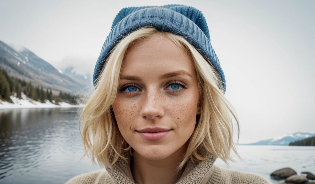a close up of a woman with blonde girl of 26 years old, with very short hair, blonde wispy hair, light yellow hair, with blonde hair, brightly blonde hair, very few freckles, pronounced cheekbones, full lips, very busty breasts, hairs very short, photorealistic, best quality, hyper detailed, beautiful woman, selfie photo, upper body, solo, wearing pullover, outdoors, (night), mountains, real life nature, stars, moon, (cheerful, happy), sleeping bag, gloves, sweater, beanie, flashlight, forest, rocks, river, wood, smoke, fog, clear sky, analog style, looking at viewer, skin texture, film grain, close up, ultra high res, best shadow, RAW, instagram LUT