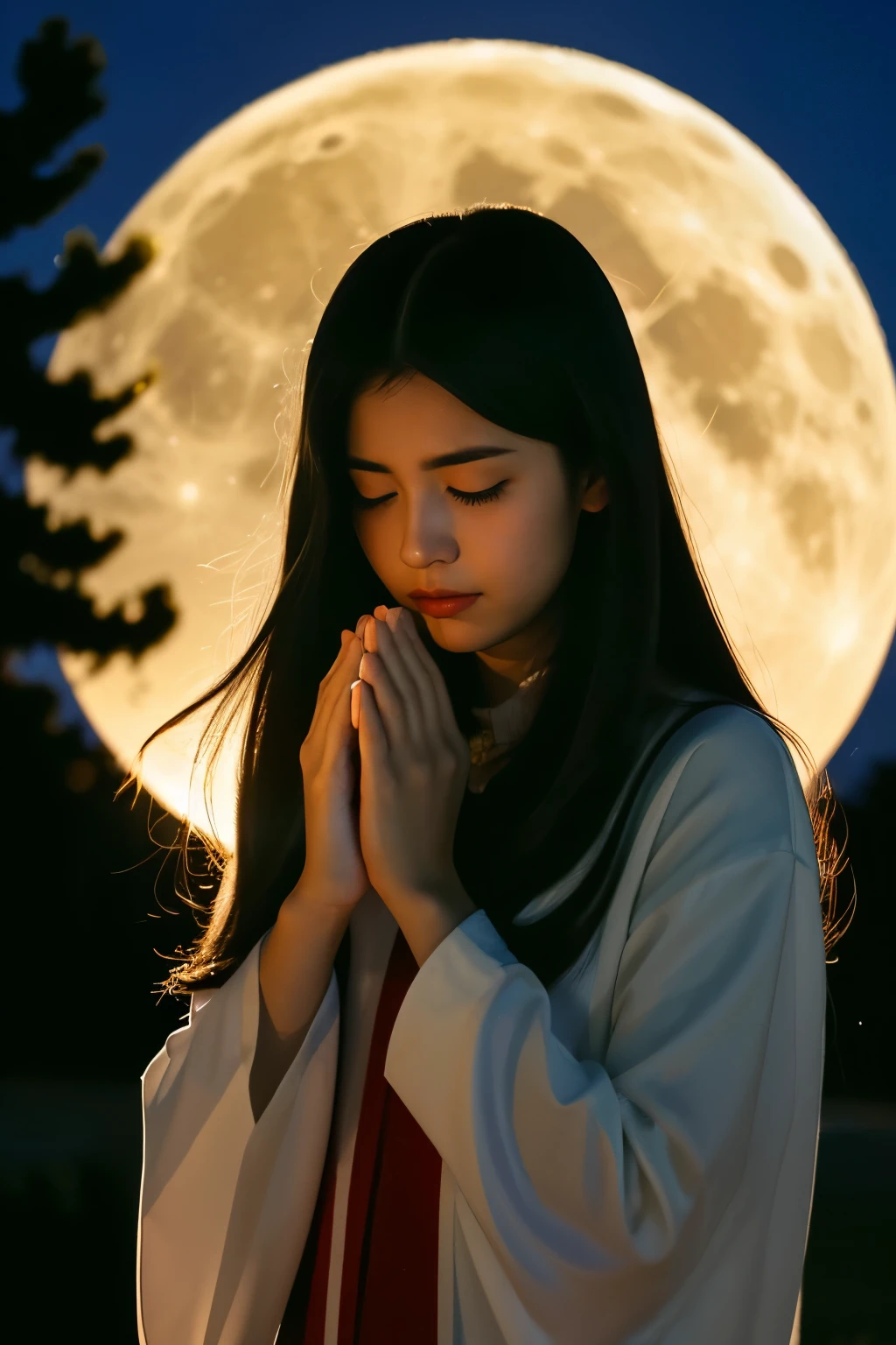A girl praying towards the full moon