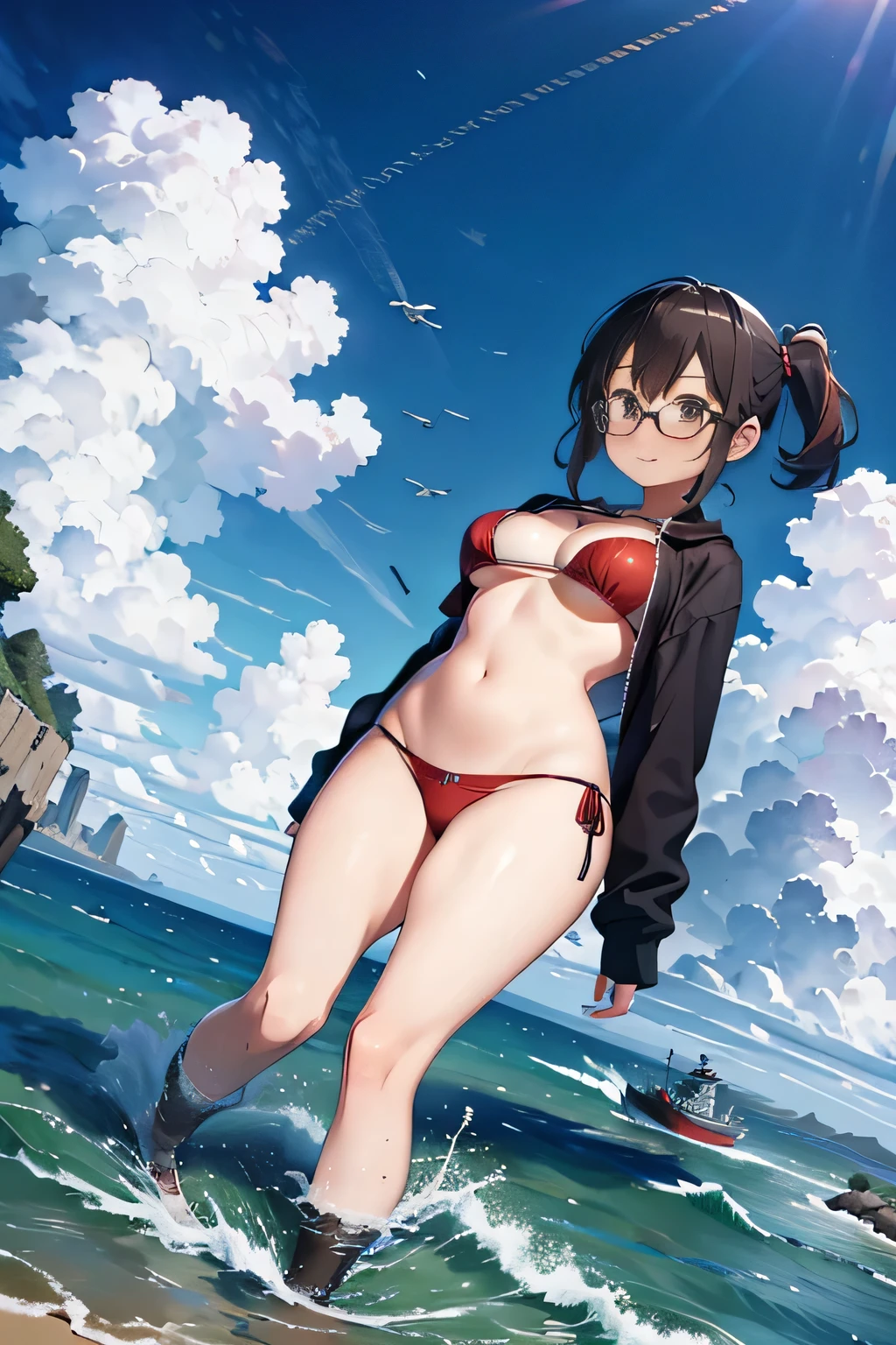 der riese art, 非常に詳細なder rieseショット, der riese, Shorthair, Giant woman bigger than a skyscraper, Wearing rimless glasses, Colossal tits, Big ass, Bikini swimwear, i'I'm playing with small aircraft carriers and battleships in the land of dwarfs.。., Full body depiction, nffsw, giga der riese, der riese, crashed warship, small warship, micro warship,