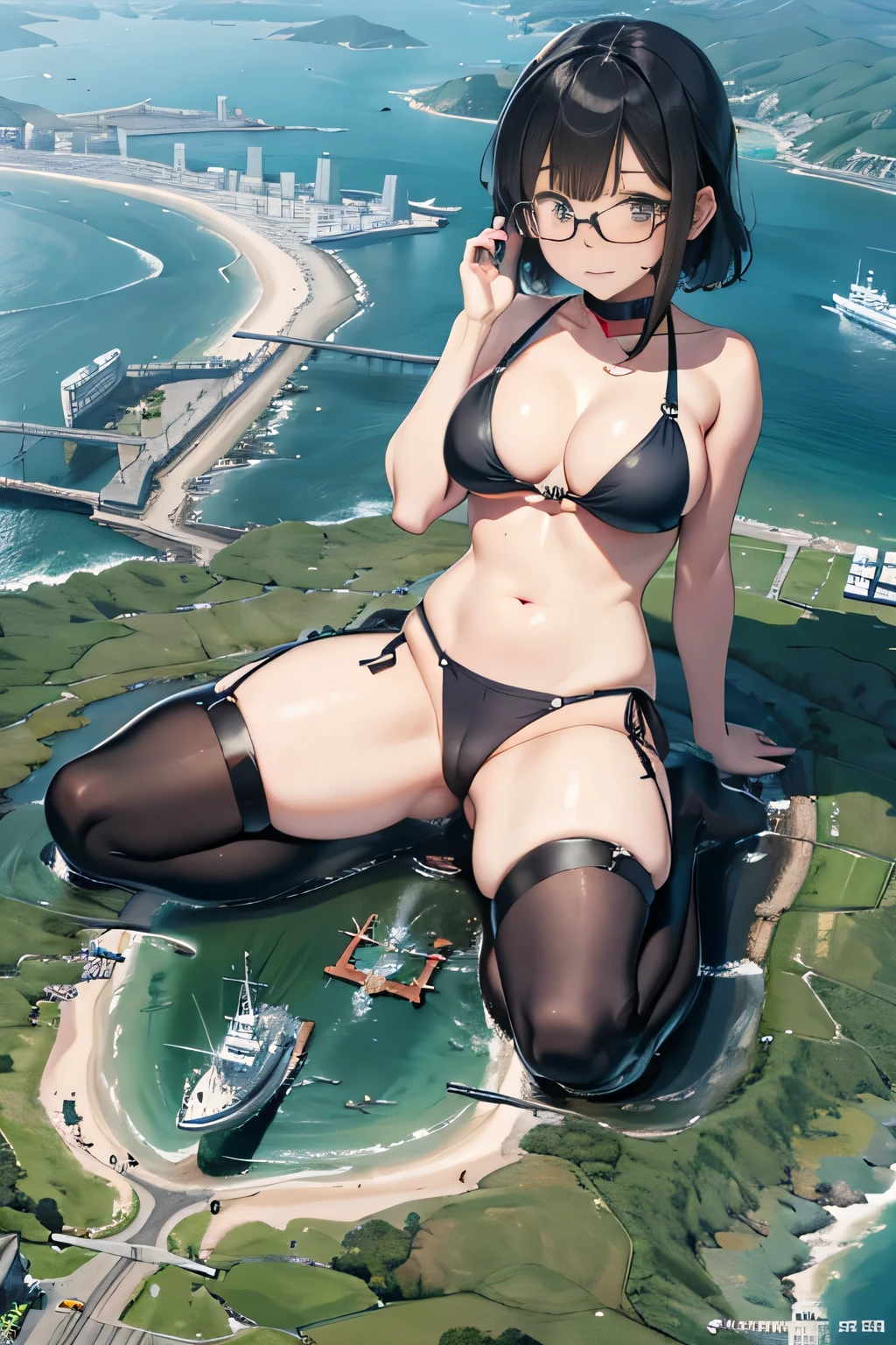 der riese art, 非常に詳細なder rieseショット, der riese, Shorthair, Giant woman bigger than a skyscraper, Wearing rimless glasses, Colossal tits, Big ass, Bikini swimwear, i&#39;I&#39;m playing with small aircraft carriers and battleships in the land of dwarfs.。., Full body depiction, nffsw, giga der riese, der riese, crashed warship, small warship, micro warship,