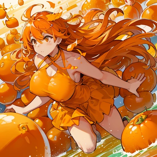 A student covered in tangerine parfait served with tangerine juice、Amazing dynamism、Amazing Angle、Unstable buoyancy sandstorm、((Many friendly oranges float closely and chase each other.))、((surround each other&#39;Mandarin oranges))、