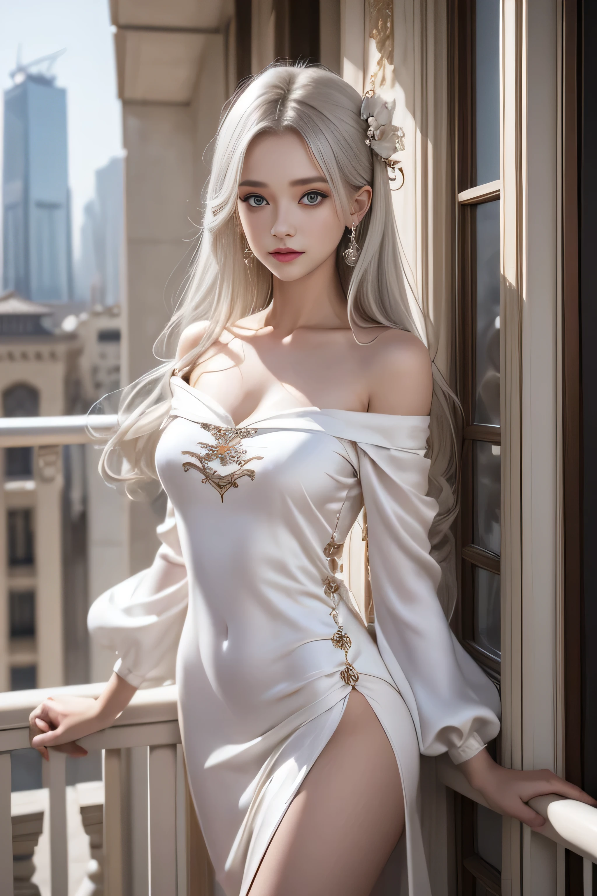 (Woman standing on balcony of palace)double whirlwind pattern design garment，Iris heterochromatic pupil，silver-haired girl，free high resolution,(Off Shoulder White Silk Chinese、 long-one-piece dress)、side slits