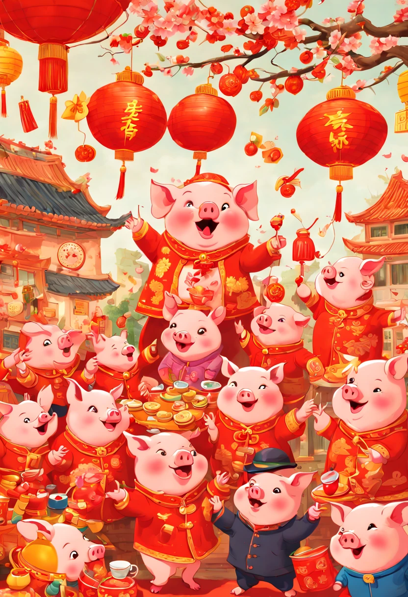 by Richard Scarry, pig family, New Year's Day, chinese new year party, joyful and playful atmosphere, enhance, intricate, (best quality, masterpiece, Representative work, official art, Professional, unity 8k wallpaper:1.3)