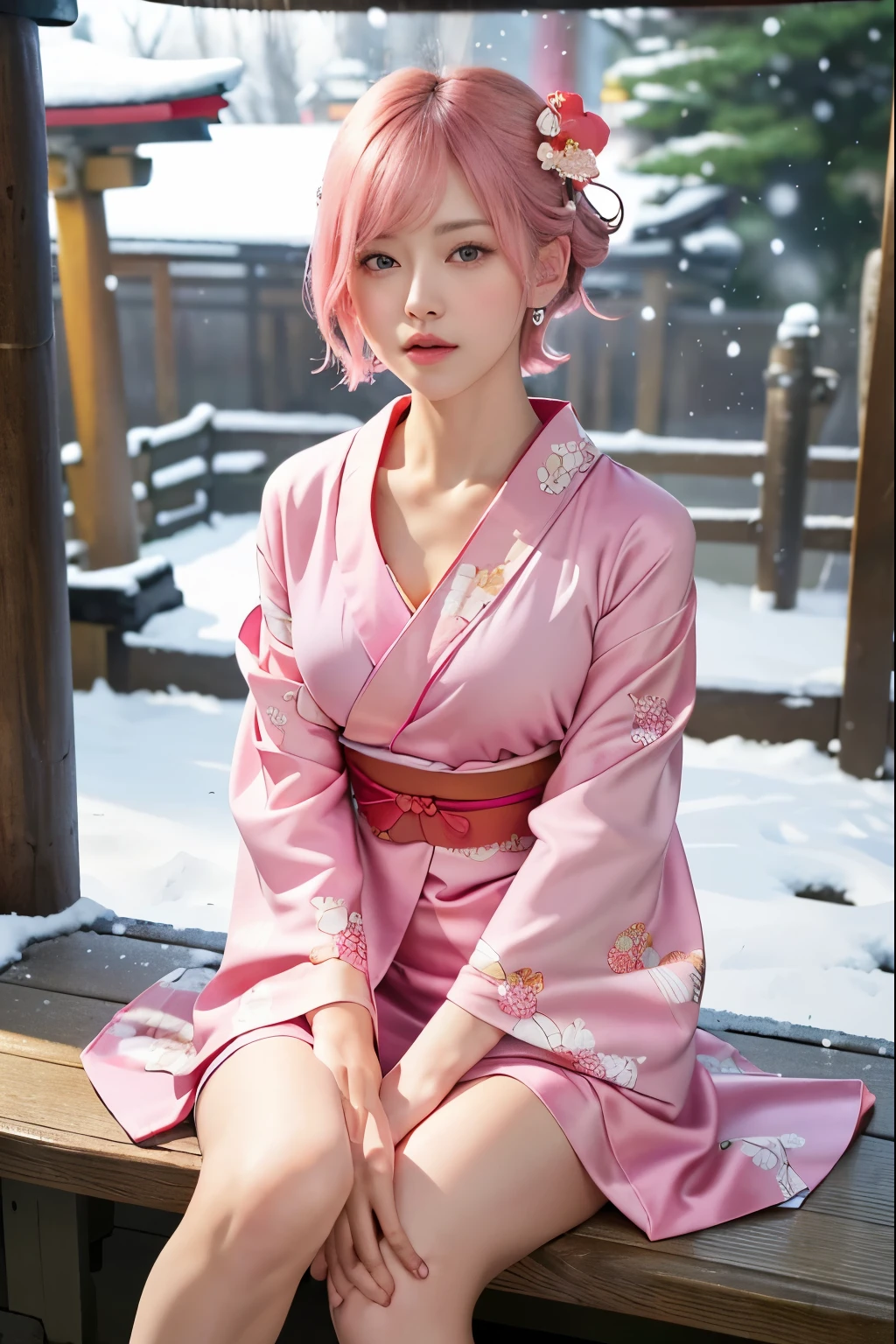(8K, top-quality, masterpiece:1,2), (reallistic, Photorealsitic:1.37), Super Detail, One girl,), (Highly detailed), (beautifully detailed eyes), (of the highest quality), (super detailed ), (masterpiece), (Detailed face),20yr old, ,1 girl, full body, pink hair,Very short hair, medium breasts, clothed, Perfect Lighting, pussy and breast focus, looking at viewer, aroused face, naughty face, (((Bright Kimono, Red and Pink Kimono Dress, Furisode))), Midnight, Shrine, New Year's Eve bell, Ringing the New Year's Eve bell: 1.3, Japan, ((outdoors, outside shrine, torii, snow))