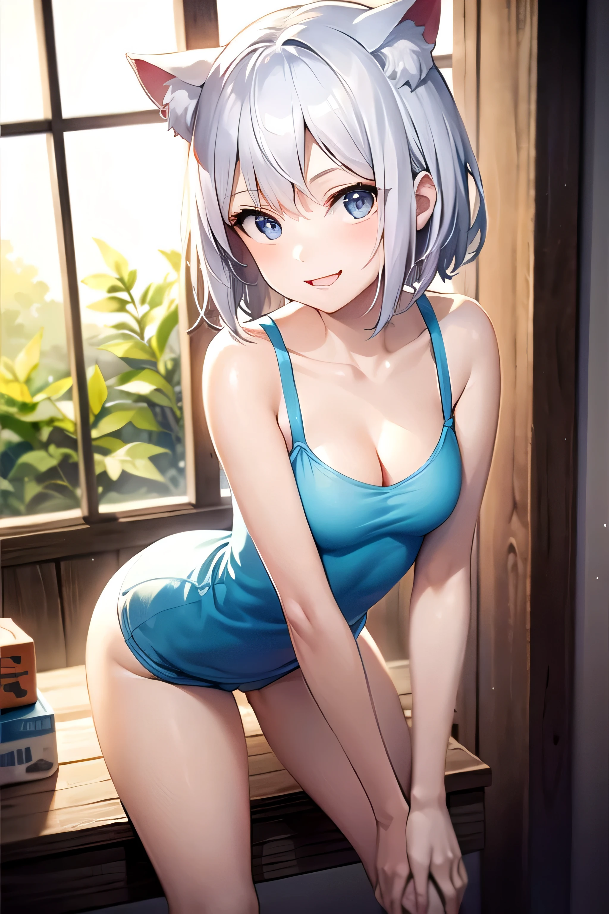 (Masterpiece), (Best Animated Illustration), (Supervision), One Girl, Solo, Silver-haired Beautiful Girl, Anime Loli, Cat Ear Loli, Petite Loli, Pale light blue and white tank top, Short tank top, Lower half of breasts bare, Light blue bloomers, Smile, Cleavage enhancement, Open Stance, Thighs