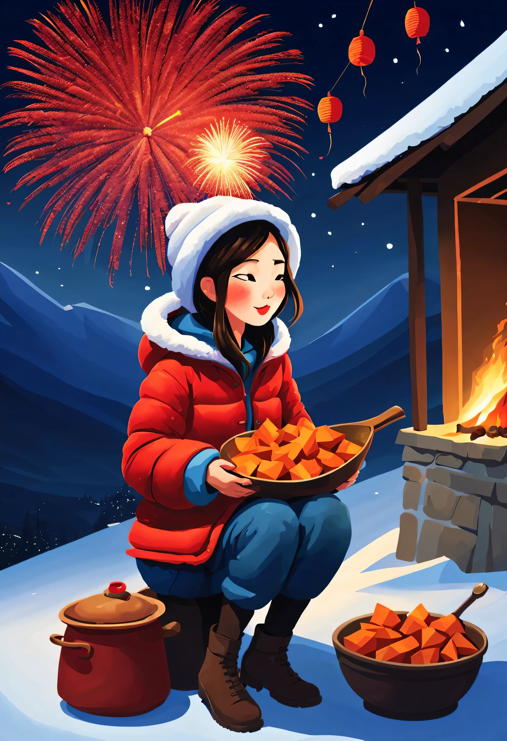 Iwona Lifsches Style,A beautiful Chinese rural girl wearing a large floral cotton-padded jacket is eating roasted sweet potatoes,Hot gas,Hot roasted sweet potato fireworks explode in the night sky,Background with:indoor country stove,Lunar New Year Snow Night,Red lanterns,