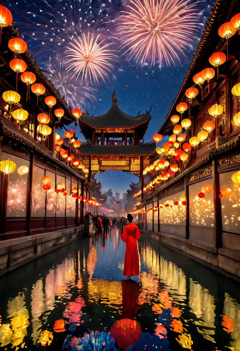 (Faraway view:1.9),The beautiful(Shanghai Yu Garden)Celebrate New Year's Day New Year's Countdown,new year 2024,(fireworks in the night sky:1.5),(filled with many colorful lanterns and decorations),((Gorgeous Yu Garden)),((Fireworks bloom)),Beautiful reflection of fireworks and lanterns,a joyful atmosphere,((韩国女孩在Shanghai Yu Garden灯会展示她最美的汉服时尚舞蹈)),(pedestrians),真实感,Amazing Cleavage, 电影灯光, Sony FE , wide angles, first person perspective, 8K, hyper HD, tmasterpiece, acurate, ctextured skin, high detal, Best quality at best, Award-Awarded,Shoot from a distance,Sense of distance, hanfu