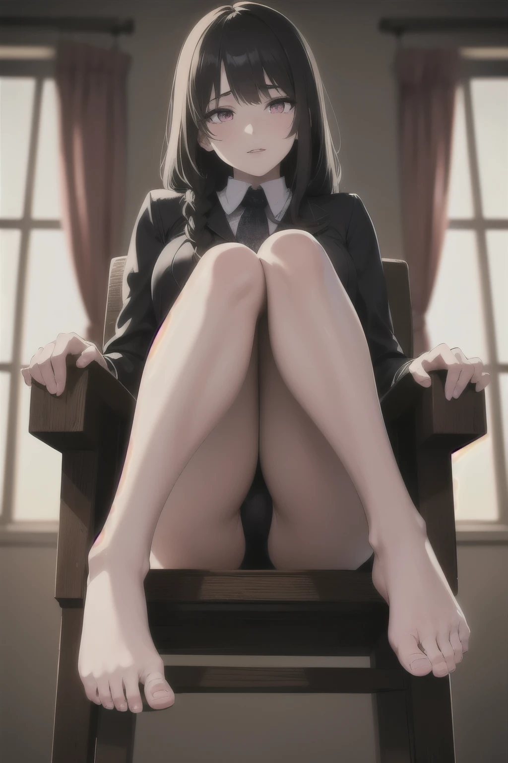 (masterpiece, best quality, ultra-detailed, best shadow), (detailed background), (beautifully detailed face), high contrast, ((cinematic light)), colorful, hyper detail, intricate details, Pixiv Anime Realism Trends, depth of field,
1girl, solo, (ara ara mature femdom look) opulent sexy slut outfit, teacher
The expression is domineering and rampant and alluring, (perfect beautiful face), royalty presence, pink eyes, very long braid),
feet, perfect feet. bare legs soles, five toes,
towering over you, sitting on the high chair, classroom background