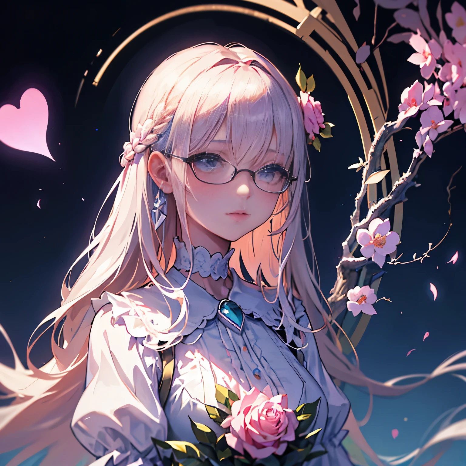 ((1girl in))、Ultra-detailed、Extremely detailed、eye glass、Rose flower、super transparent、聖なるoptic、美しいスペクトルoptic、Glowing petals、Shimmering dark background、透明なoptic滴、反射optic、发optic、opticのストリーミング、optics、portrait silhouette、foco nítido、magia、Convoluted、surrealistic、Fantasia、constitute、optic、Art Station Trend、pearls、Guardian Saint Cloud Silver Vapor、Corrosion Surround Ray Family、8K、Real AR23v4 Upright、Beautuful Women、Heart-shaped choker、Pink twin tail hairstyle、gazing at viewer