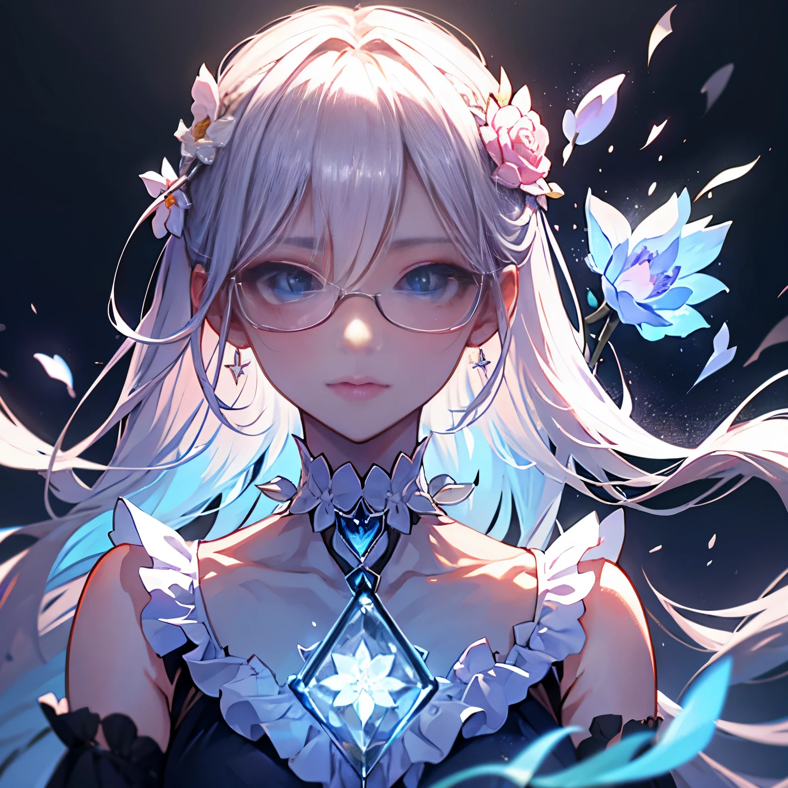 ((1girl in))、Ultra-detailed、Extremely detailed、eye glass、Rose flower、super transparent、聖なるoptic、美しいスペクトルoptic、Glowing petals、Shimmering dark background、透明なoptic滴、反射optic、发optic、opticのストリーミング、optics、portrait silhouette、foco nítido、magia、Convoluted、surrealistic、Fantasia、constitute、optic、Art Station Trend、pearls、Guardian Saint Cloud Silver Vapor、Corrosion Surround Ray Family、8K、Real AR23v4 Upright、Beautuful Women、Heart-shaped choker、Pink twin tail hairstyle、gazing at viewer