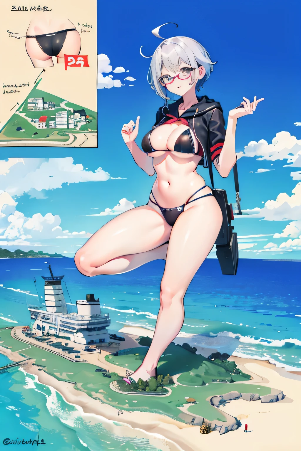 der riese art, 非常に詳細なder rieseショット, der riese, Shorthair, Giant woman bigger than a skyscraper, Wearing rimless glasses, Colossal tits, Big ass, Bikini swimwear, i&#39;I&#39;m playing with small aircraft carriers and battleships in the land of dwarfs.。., Full body depiction, nffsw, giga der riese, der riese, crashed warship, small warship, micro warship,