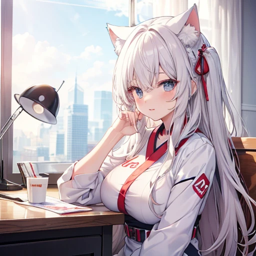 new year design house,sittinng on the desk,long hair girl, sexy for, cute big breasts, white skinned , Korean girls,cat ear, new year jumpsuit