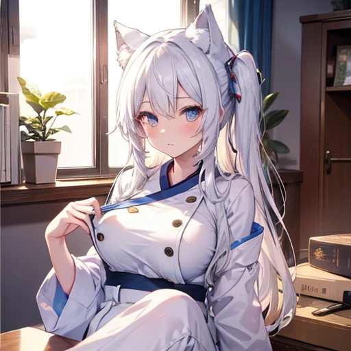 new year design house,sittinng on the desk,long hair girl, sexy for, cute big breasts, white skinned , Korean girls,cat ear, new year jumpsuit