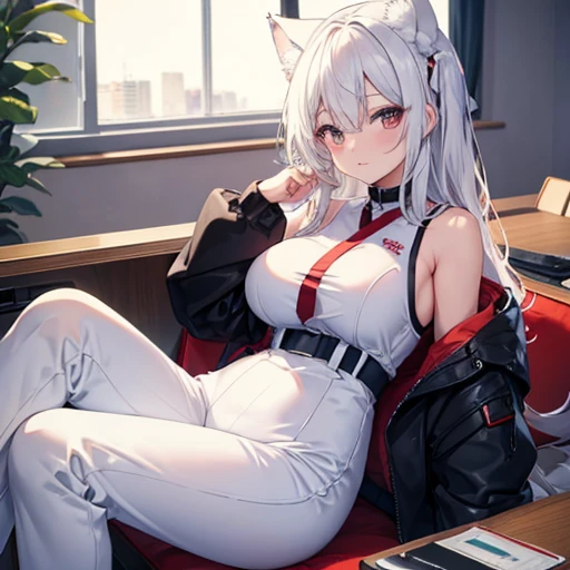 new year design house,sittinng on the desk,long hair girl, sexy for, cute big breasts, white skinned , Korean girls,cat ear, new year jumpsuit