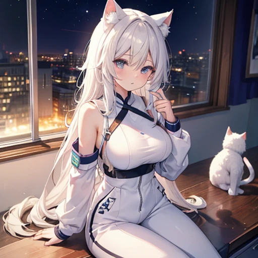 new year design house,sittinng on the desk,long hair girl, sexy for, cute big breasts, white skinned , Korean girls,cat ear, new year jumpsuit
