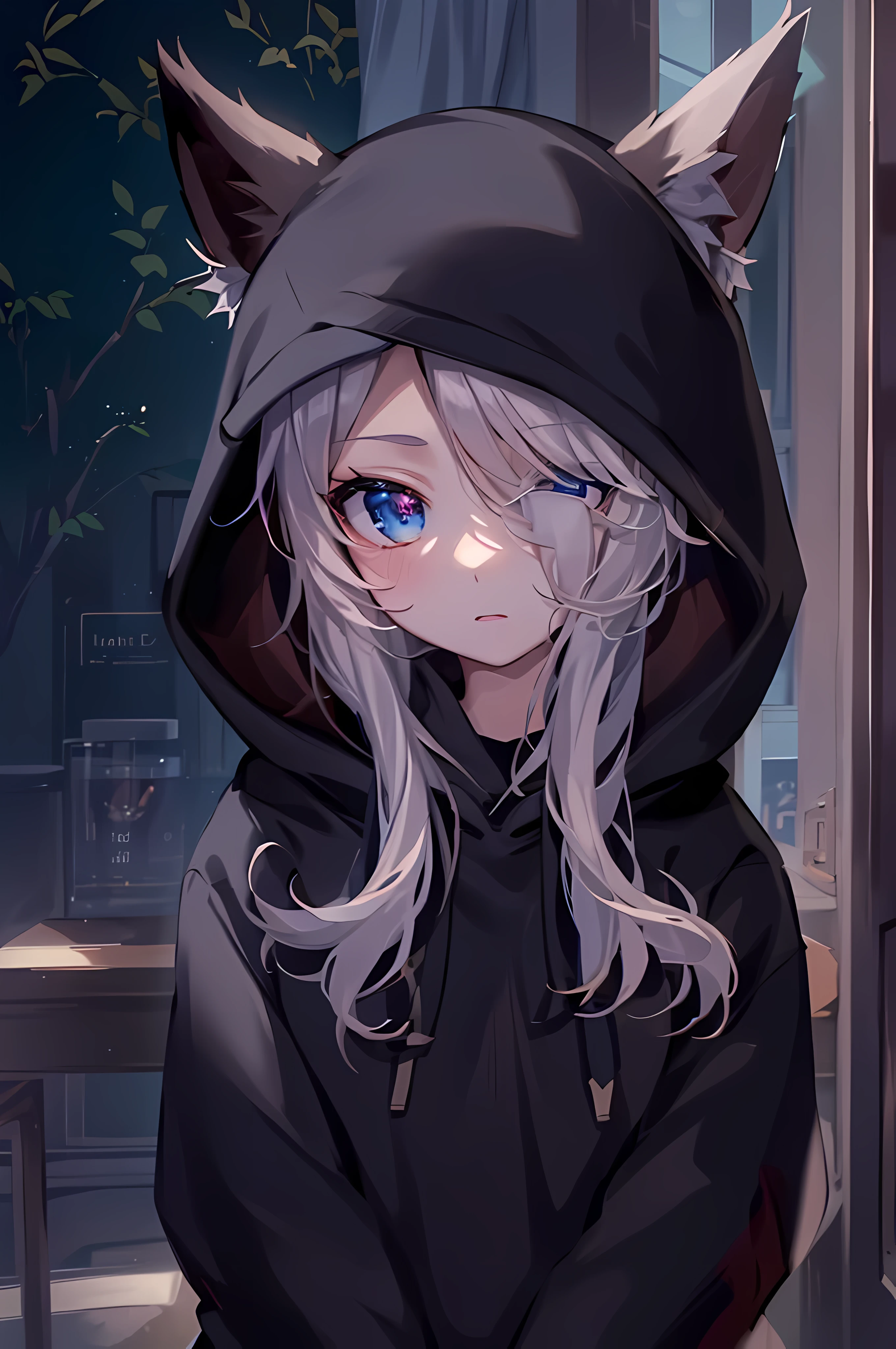 Anime girl with blue eyes and a black hoodie SeaArt AI