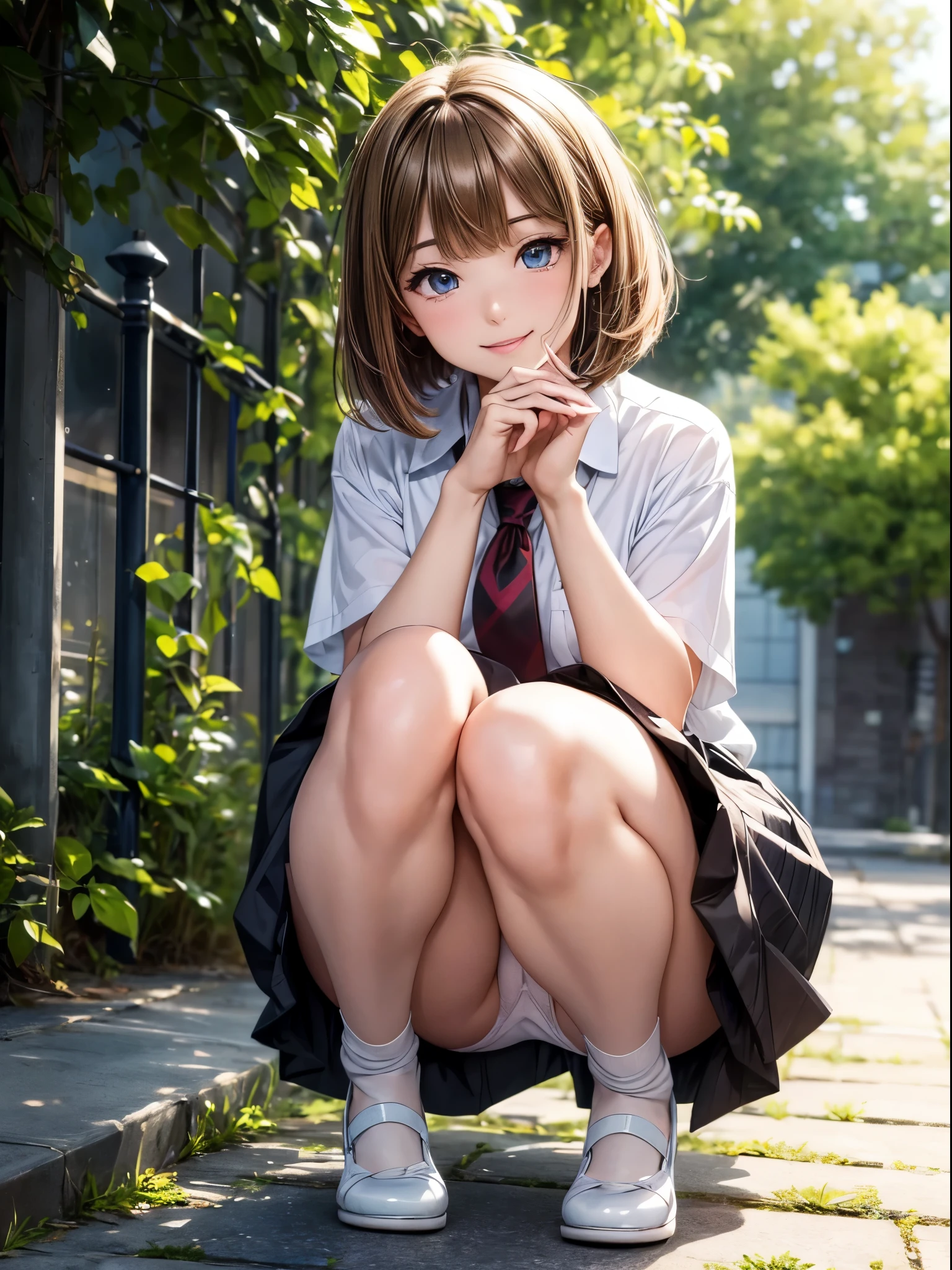 ((masterpiece)), ((best quality)), (ultra-detailed), ((extremely detailed)), 4K, (8K), best quality, (beautiful), anime style, full body, focus on the face, full body focus, from below, Sidewalk, a cute girl, 1 girl, solo, school girl uniform, (squatting white panty shot:1.2), young entertainer, beautiful light brown hair, beautiful brown eyes, ((beautiful eyes)), short hair, light smile, shiny-glistening, gleaming,professional lighting,nsfw