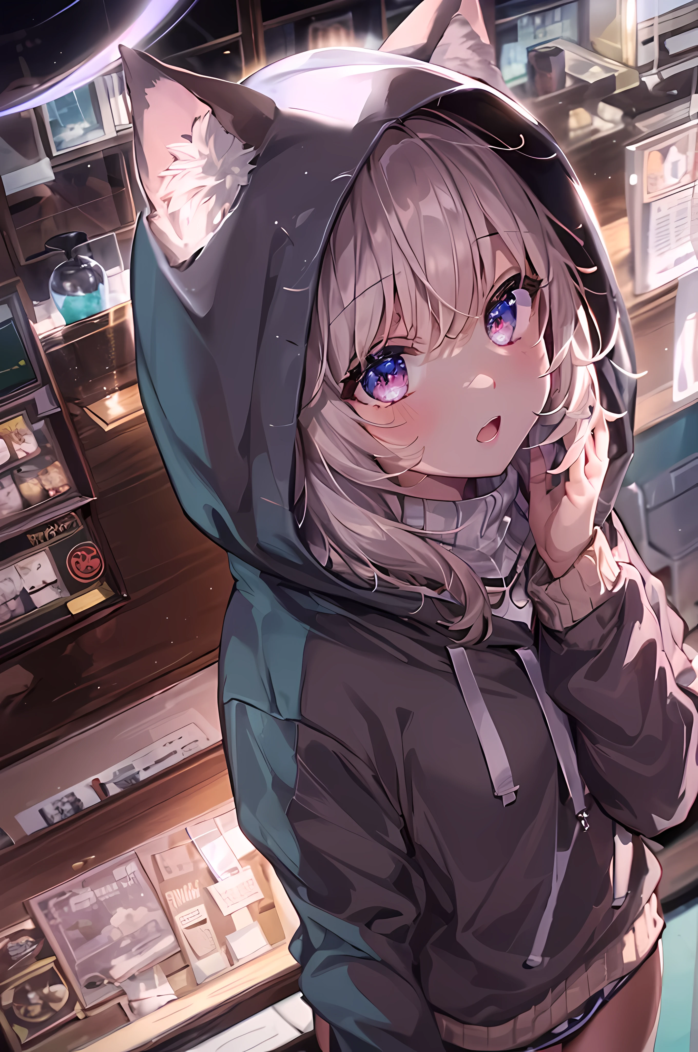 catgirl, 1gir, cat ears, ((cute)), masterpiece, best quality, perfect face, hoodie, hood, looking up, high angle, smal, furr, cozy, warm, window, night, long hoodie, no_pants, 4k, wallpaper, close up, digital art, anime style, beautiful eyes, intimate