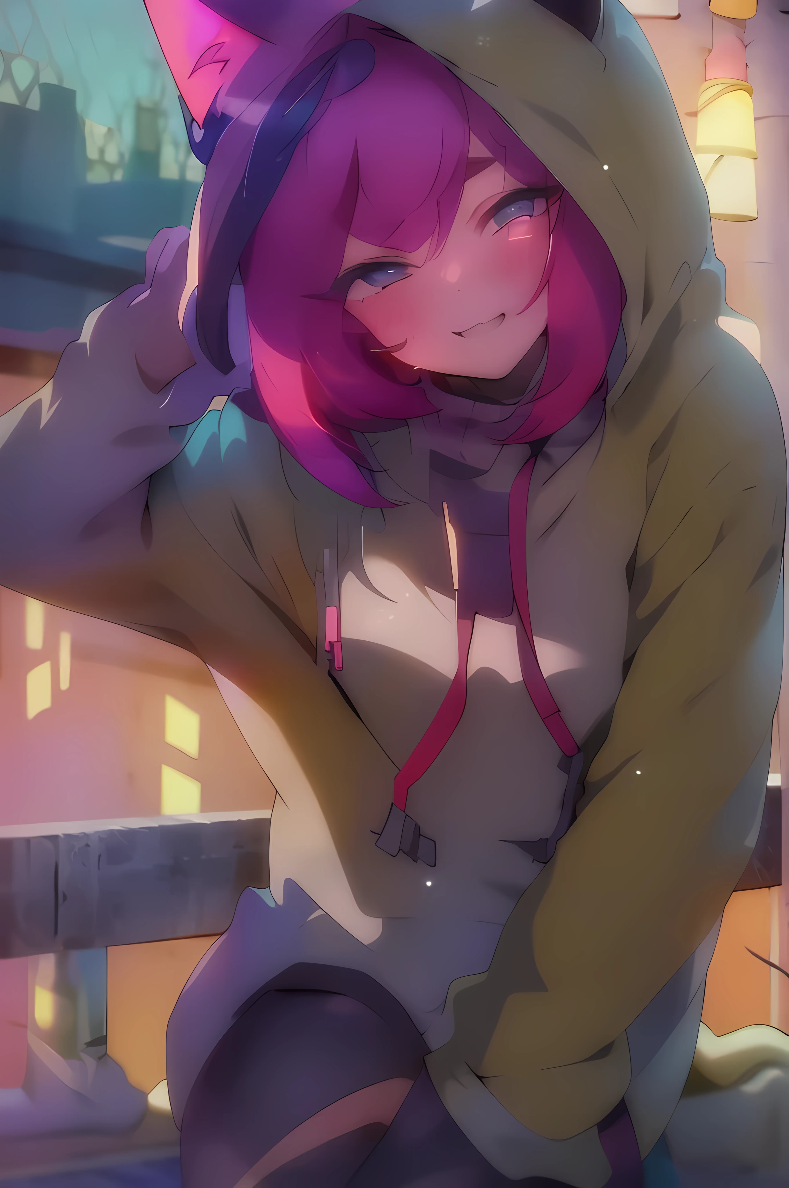 catgirl, 1gir, cat ears, ((cute)), masterpiece, best quality, perfect face, hoodie, hood, looking up, high angle, smal, furr, cozy, warm, window, night, long hoodie, no_pants, 4k, wallpaper, close up, digital art, anime style, beautiful eyes, intimate