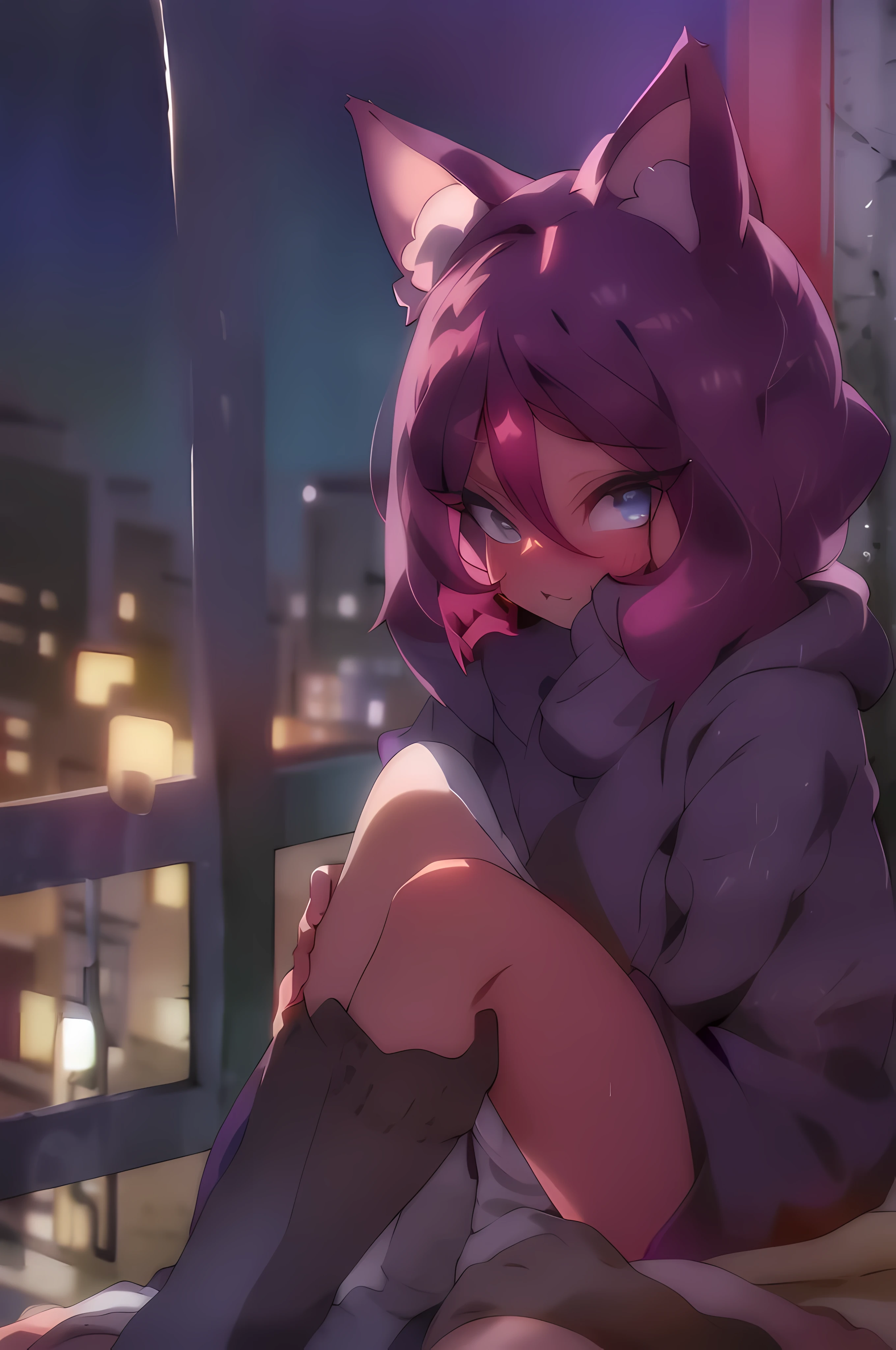 catgirl, 1gir, cat ears, ((cute)), masterpiece, best quality, perfect face, hoodie, hood, looking up, high angle, smal, furr, cozy, warm, window, night, long hoodie, no_pants, 4k, wallpaper, close up, digital art, anime style, beautiful eyes, intimate