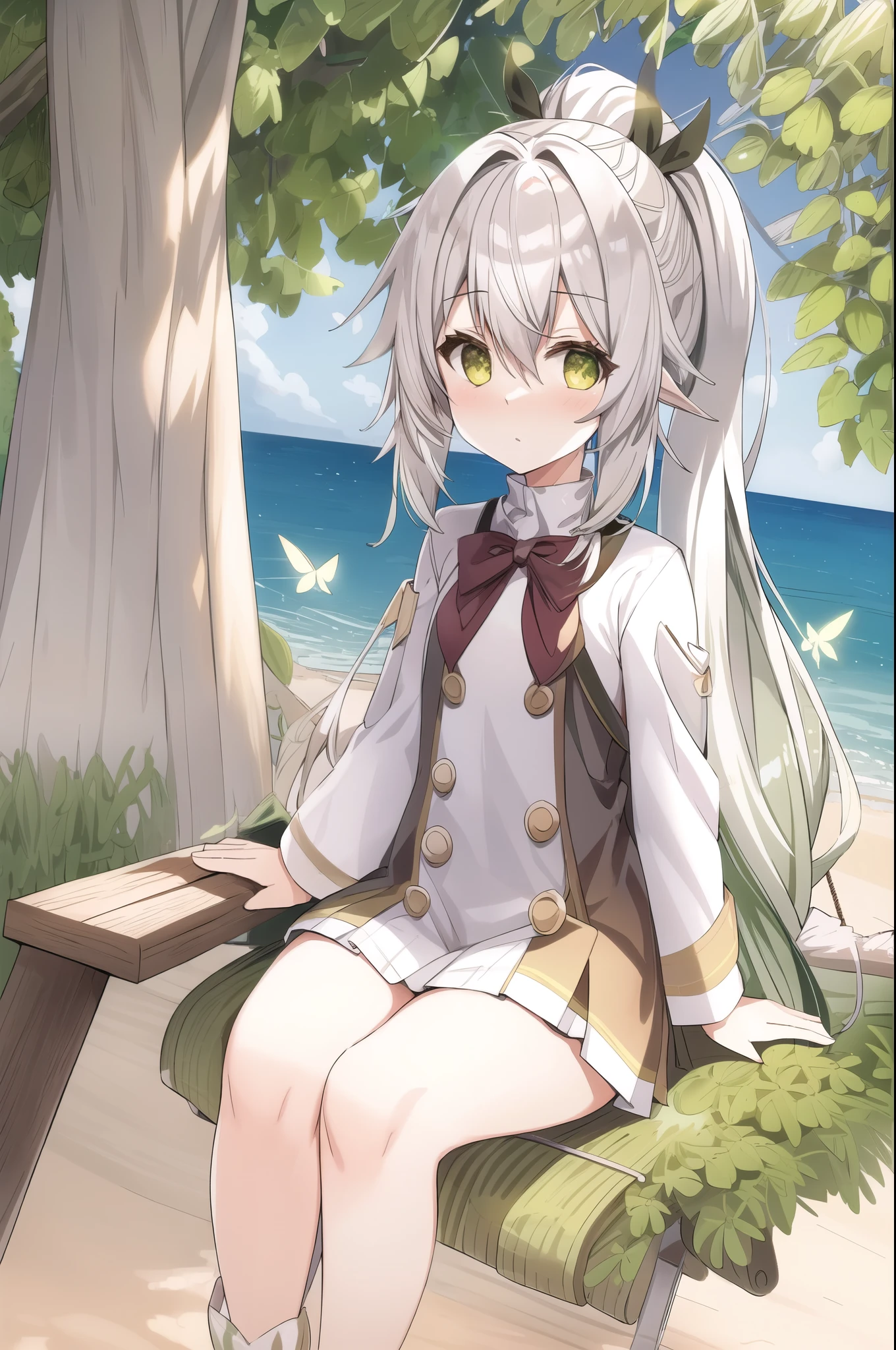 Nahida, (white hair), gradient hair, green hair, side ponytail, long hair, banewewegs, flat chest, school uniform, sitting on swing chair, beach, (pointy ears:0.7), CG, skybackground, glow flying butterflies, beach and trees background, hung a white teddy bear,