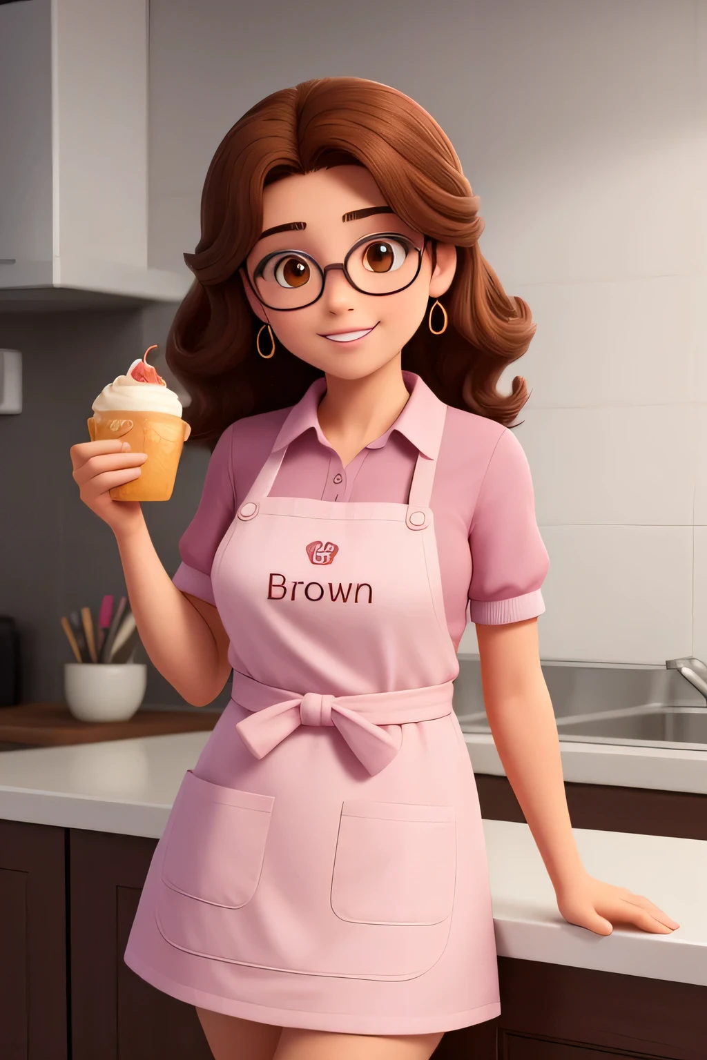Uma mulher de 50 anos, confeiteira, with medium hair, castanho escuro, Rosto redondo, sorriso encantador, e olhos castanhos e levemente puxados, usando oculos, segurando cupcake pele morena, Wearing a pink apron with the phrase tameirão e silva and went in hand and working