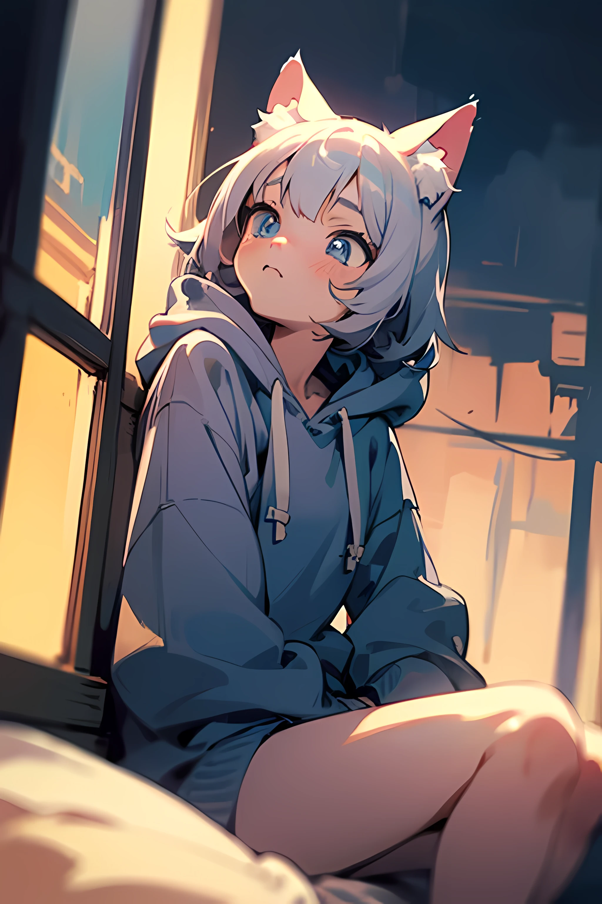 catgirl, 1gir, cat ears, ((cute)), masterpiece, best quality, perfect face, hoodie, hood, looking up, high angle, smal, furr, cozy, warm, window, night, long hoodie, no_pants, 4k, wallpaper, close up, digital art, anime style, beautiful eyes, intimate