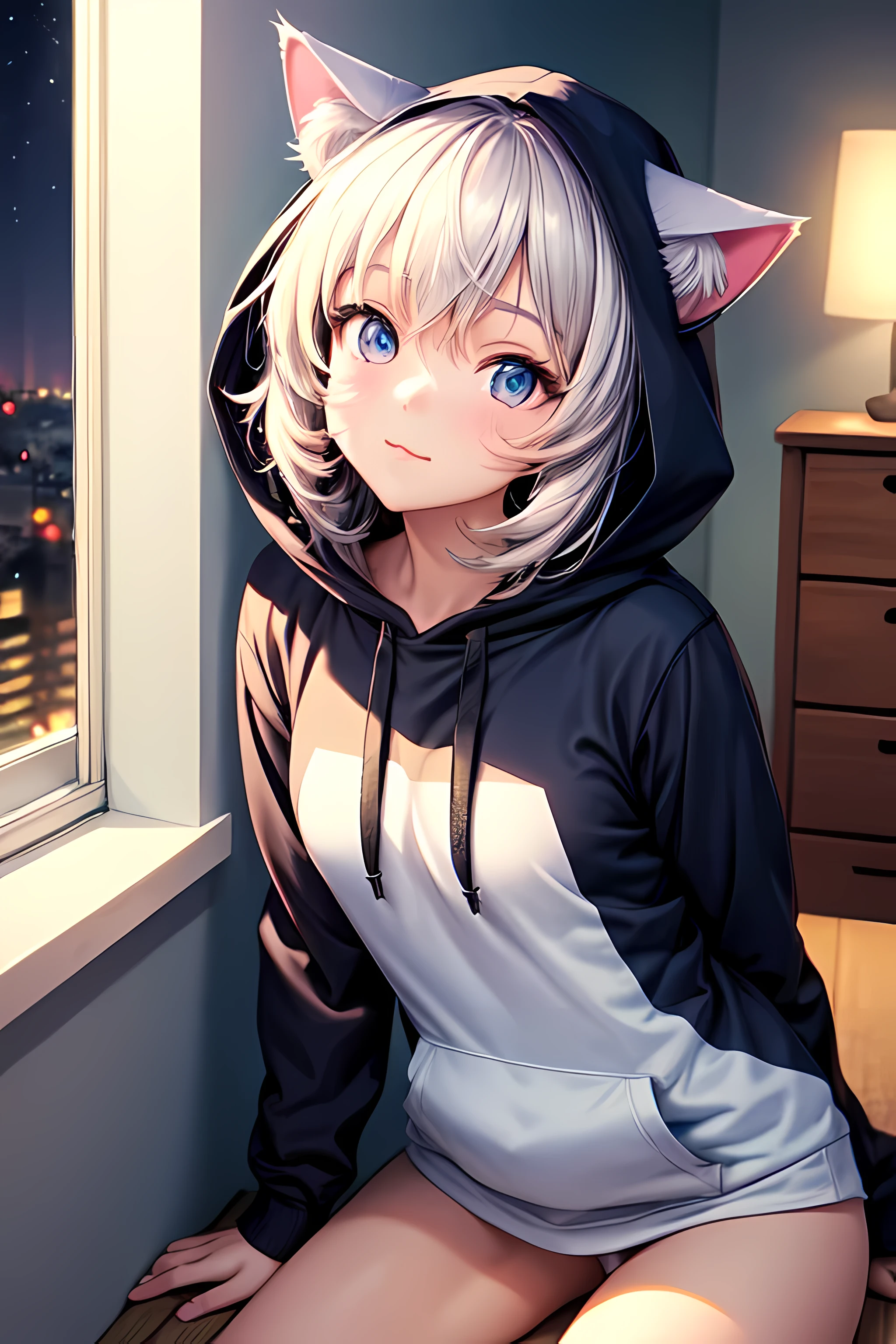 catgirl, 1gir, cat ears, ((cute)), masterpiece, best quality, perfect face, hoodie, hood, looking up, high angle, smal, furr, cozy, warm, window, night, long hoodie, no_pants, 4k, wallpaper, close up, digital art, anime style, beautiful eyes, intimate