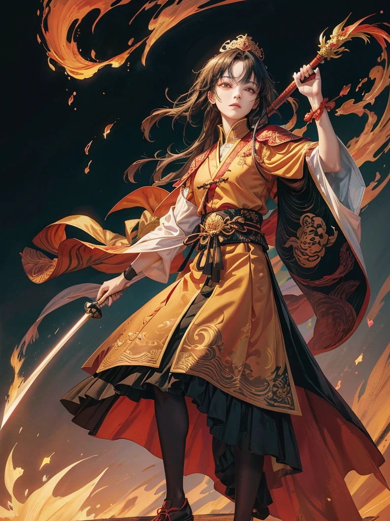 A male Taoist priest holding a sword,centipede,centipede精,Wearing a bright red gold crown,Wearing a black collared Zizi black soap suit,Stepping on a pair of green cloud-head shoes,Tie a yellow Fu Fu Lv Gong sash。Face as smooth as melon and iron,Mewakaro Star。Accurate head-tall category,Lips turned and opened like Dada。Dao heart is filled with thunder,The true Taoist warrior who subdued the tiger and subdued the dragon。