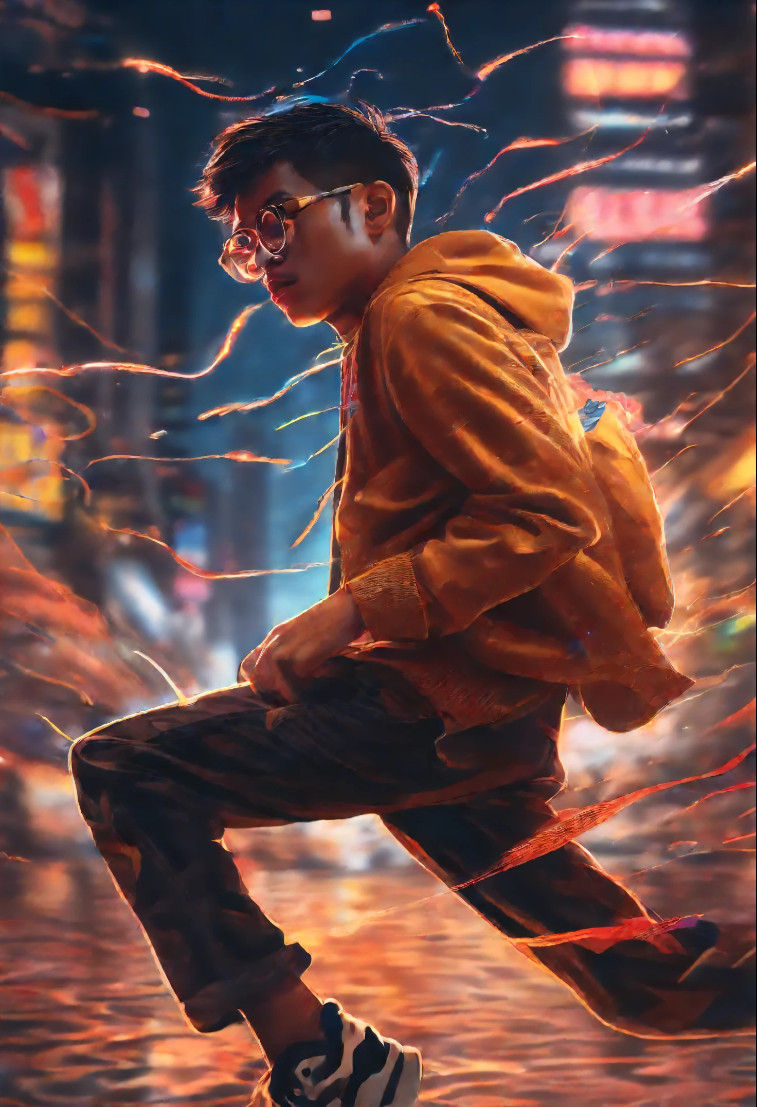 highres, ultra detailed,
indonesian man, 25 year old, brown skin, glasses, short hair hoodie,
long exposure, motion blur, fluid movement, ethereal atmosphere, dream tracks, dynamic energy, time-lapse effect,
paint splash, expressive drips, random patterns, energetic movement, strong colors, dynamic texture, spontaneous creativity,
Skyscraper, fireworks over the sky:1.7, sky views, firecrackers, new year festival, breathtaking heights