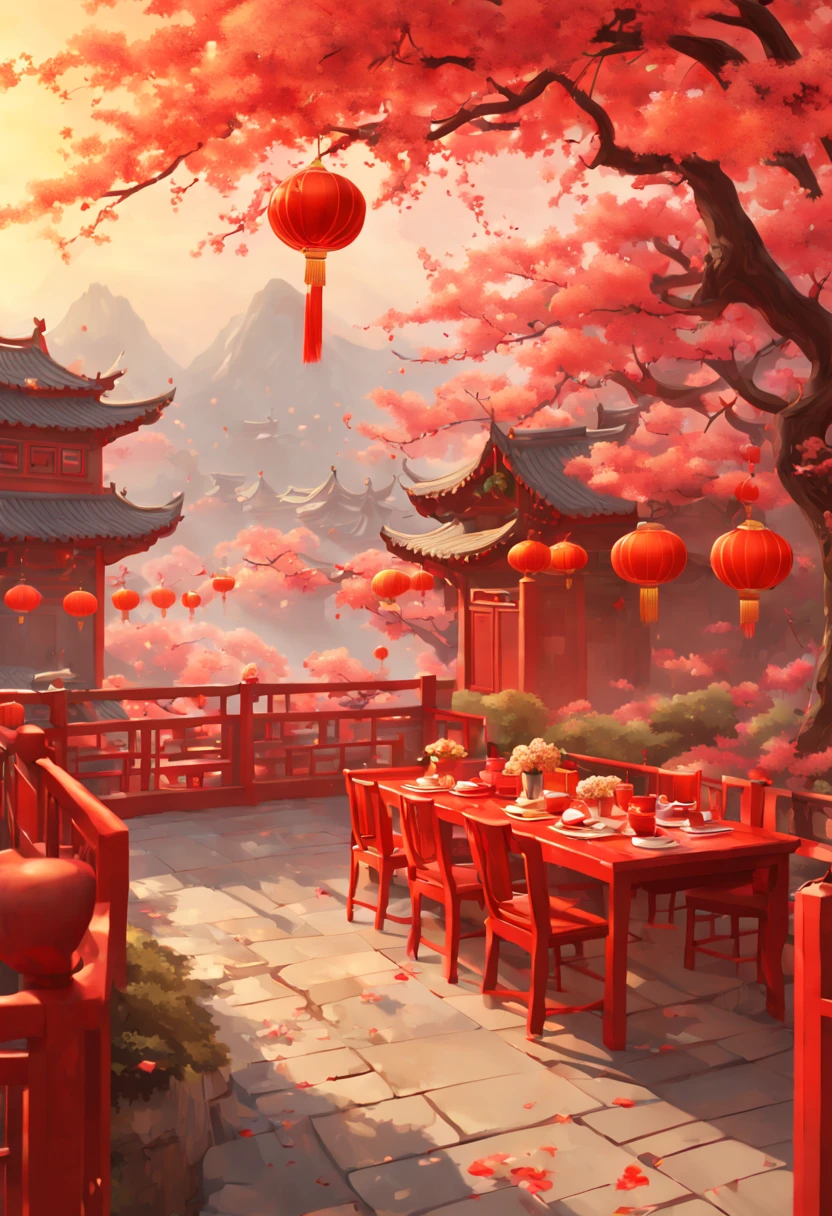 by idyllic, New Year's Day, chinese new year party, outdoors, joyful and playful atmosphere, enhance, intricate, (best quality, masterpiece, Representative work, official art, Professional, unity 8k wallpaper:1.3)