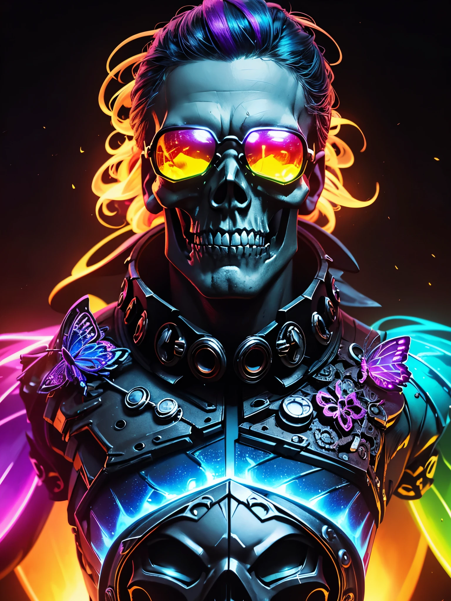 pixel sorted，Superhero skull，gory art，steampunc，Glowing butterfly，with black background，((luminous sunglasses))，Close-up of skull in polished metal,rainbow around skull，Form different structural atmosphere renderings, Magical rainbow elements,Brilliant rainbow combination，block architecture diagram，独奏， (actual, photoactual, photo-actual:1.37), HighDynamicRange, hyper HD, Studio lighting, Ultra-fine painting, Focus sharp, physically-based renderingt, Extremely detailed description, professional, vibrant with colors, Bokeh art style：steampunc, number art, color of future：with black background contrasting with the vibrant rainbow tones surrounding the skull：Ethereal, Soft lights illuminate the garden, Create a magical atmosphere