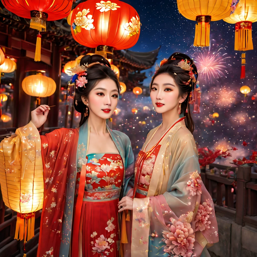 ((top-quality、masutepiece、8K、Top image quality、Highly complex and detailed depictions))、(Photo of the upper body of the Chinese queen:1.3)、beautiful city of chang'an'in night、((most gorgeous chinese queen'Huge costumes、the most vivid and luxurious costumes、big long costume、The most luxurious and huge capital of Chang'an、The real capital of Chang'an'an、Brilliant architecture of ancient China、The ancient capital of Choun'glowing red、An unimaginably luxurious building、A very luxurious and huge city、huge city in the middle of the night、Very complex decoration、very clear huge building))、(View me、Bewitching smile、Perfect makeup、long eyelashes、lipsticks、Pink eyeshadows、perfect anatomia、A slight smil)、(clear luxury capital background:1.3)