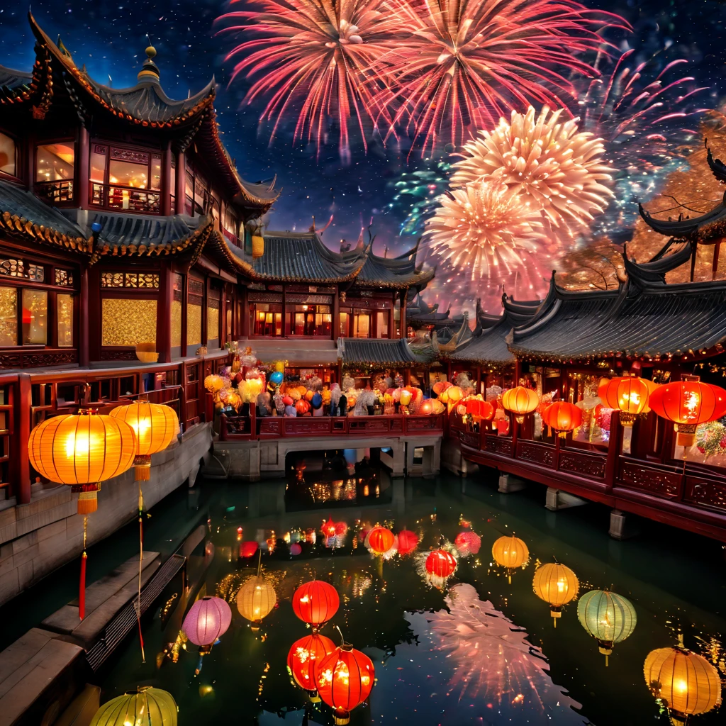 (Faraway view:1.9)，The beautiful(Shanghai Yu Garden)Celebrate New Year&#39;s Day New Year&#39;s Countdown，new year 2024，(fireworks in the night sky:1.5)，(filled with many colorful lanterns and decorations)，((Gorgeous Yu Garden))，((Fireworks bloom))，Beautiful reflection of fireworks and lanterns，a joyful atmosphere，((韩国女孩在Shanghai Yu Garden灯会展示她最美的汉服时尚舞蹈))，(pedestrians)，真实感，Amazing Cleavage, 电影灯光, Sony FE , wide angles, first person perspective, 8K, hyper HD, tmasterpiece, acurate, ctextured skin, high detal, Best quality at best, Award-Awarded，Shoot from a distance，Sense of distance, hanfu