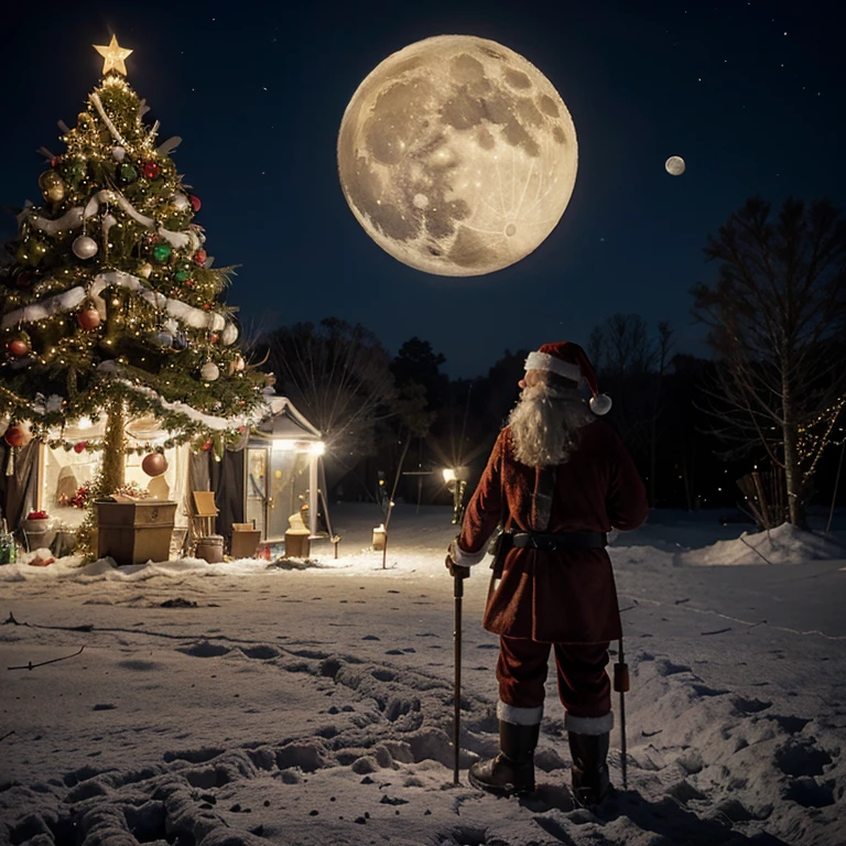 Decorated Christmas tree, there is a full moon above her, cold light from the moon, Santa Claus is standing not far from the tree, with a torch in his right hand and a can of gasoline in his left hand