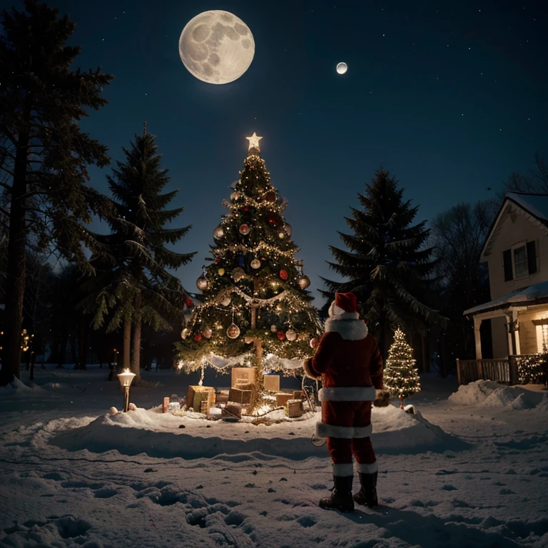 Decorated Christmas tree, there is a full moon above her, cold light from the moon, Santa Claus is standing not far from the tree, with a torch in his right hand and a can of gasoline in his left hand