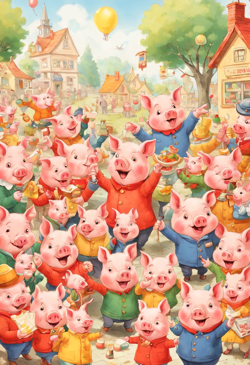 by Richard Scarry, pig family party, enhance, intricate, (best quality, masterpiece, Representative work, official art, Professional, unity 8k wallpaper:1.3)