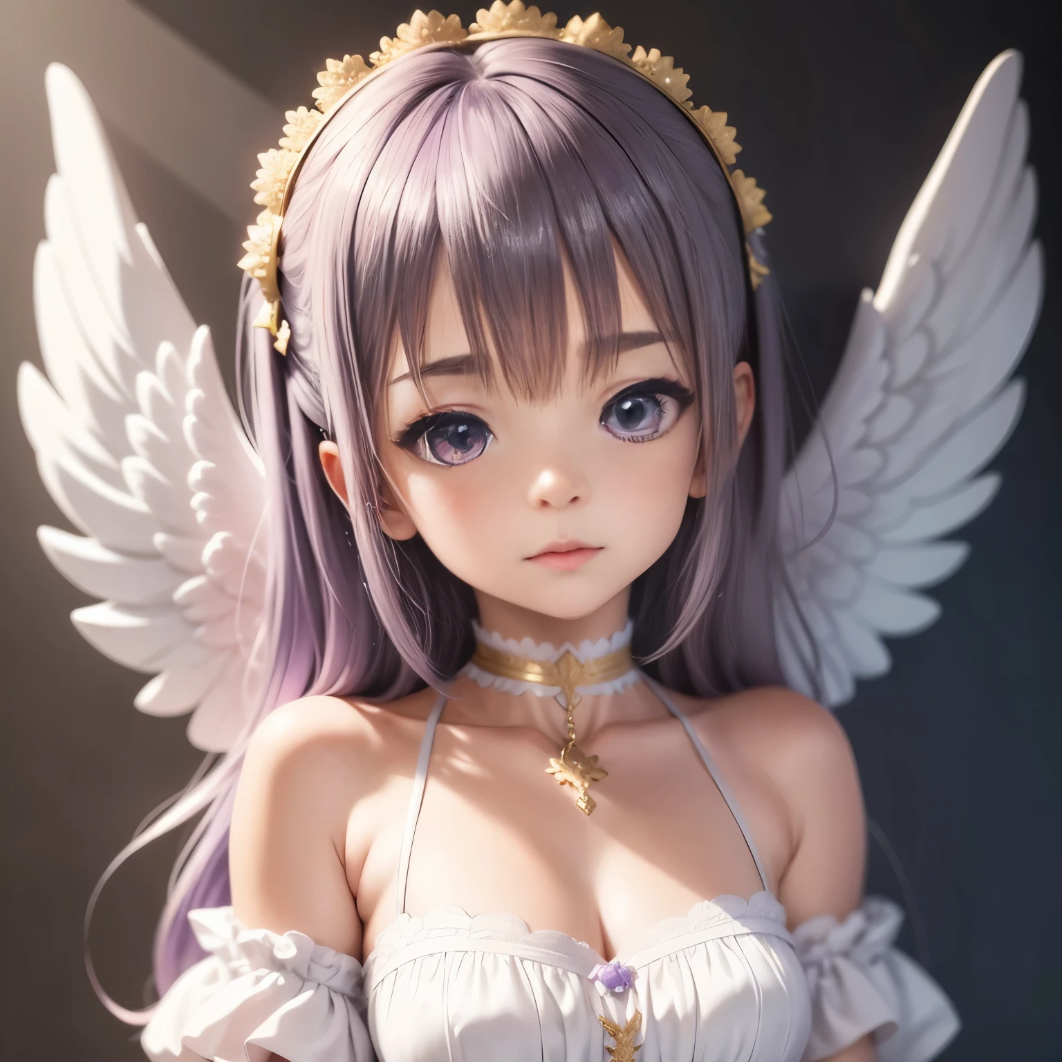 Ultra-fine, Lilac and white little angel illustration with golden angelic chibi style details, hight resolution.
