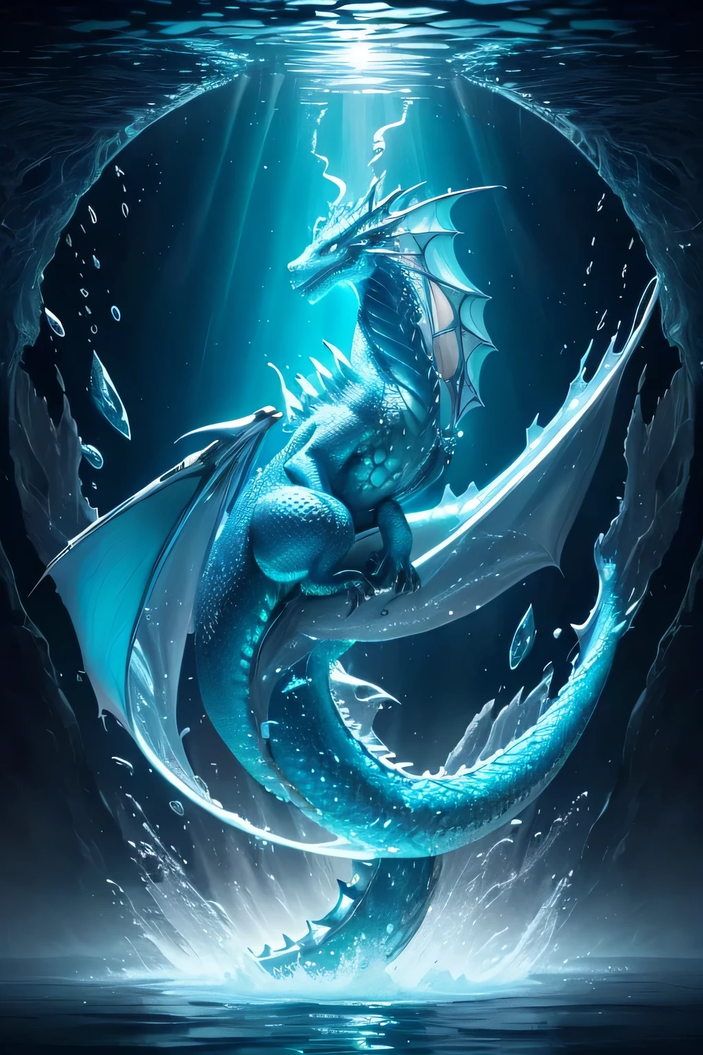 Envision a dragon of mesmerizing beauty, born from the elemental essence of water itself. In the moonlit oasis, this aqueous dragon emerges, its form sculpted from liquid crystal. Its scales, rather than traditional armor, ripple like water, reflecting the moon's gentle glow in ever-shifting patterns of azure, turquoise, and silver.
As the dragon moves, water cascades in graceful arcs, forming ethereal wings that catch the moonlight and shimmer with liquid luminescence. With each beat, droplets of liquid stardust are left in its wake, creating an enchanting trail that hovers in the air. The dragon's eyes, pools of liquid wisdom, hold the depth of ancient oceans.
Describe this magical water dragon, capturing the fluidity of its existence and the way it seamlessly blends with the mystical waterscape. Explore how its every movement is a dance, and its very essence is a manifestation of the pure magic that flows within the currents of wate