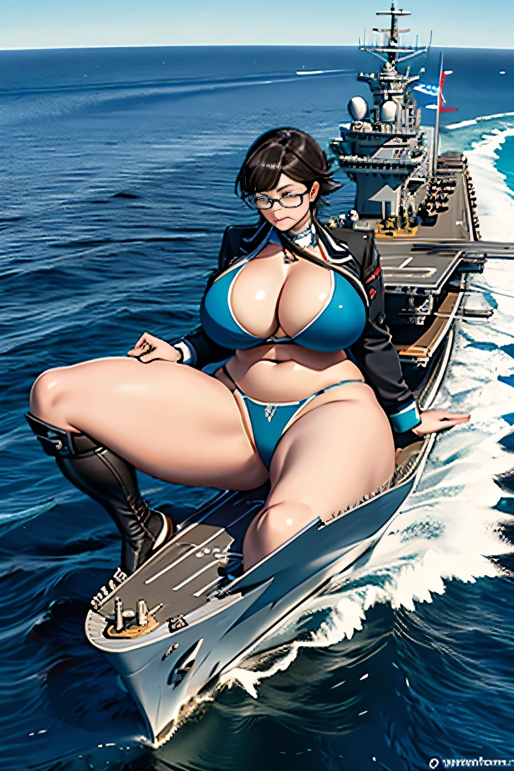 der riese art, 非常に詳細なder rieseショット, der riese, Shorthair, Giant woman bigger than a skyscraper, Wearing rimless glasses, Colossal tits, Big ass, Bikini swimwear, i'I'm playing with small aircraft carriers and battleships in the land of dwarfs.。., Full body depiction, nffsw, giga der riese, der riese, crashed warship, small warship, micro warship,