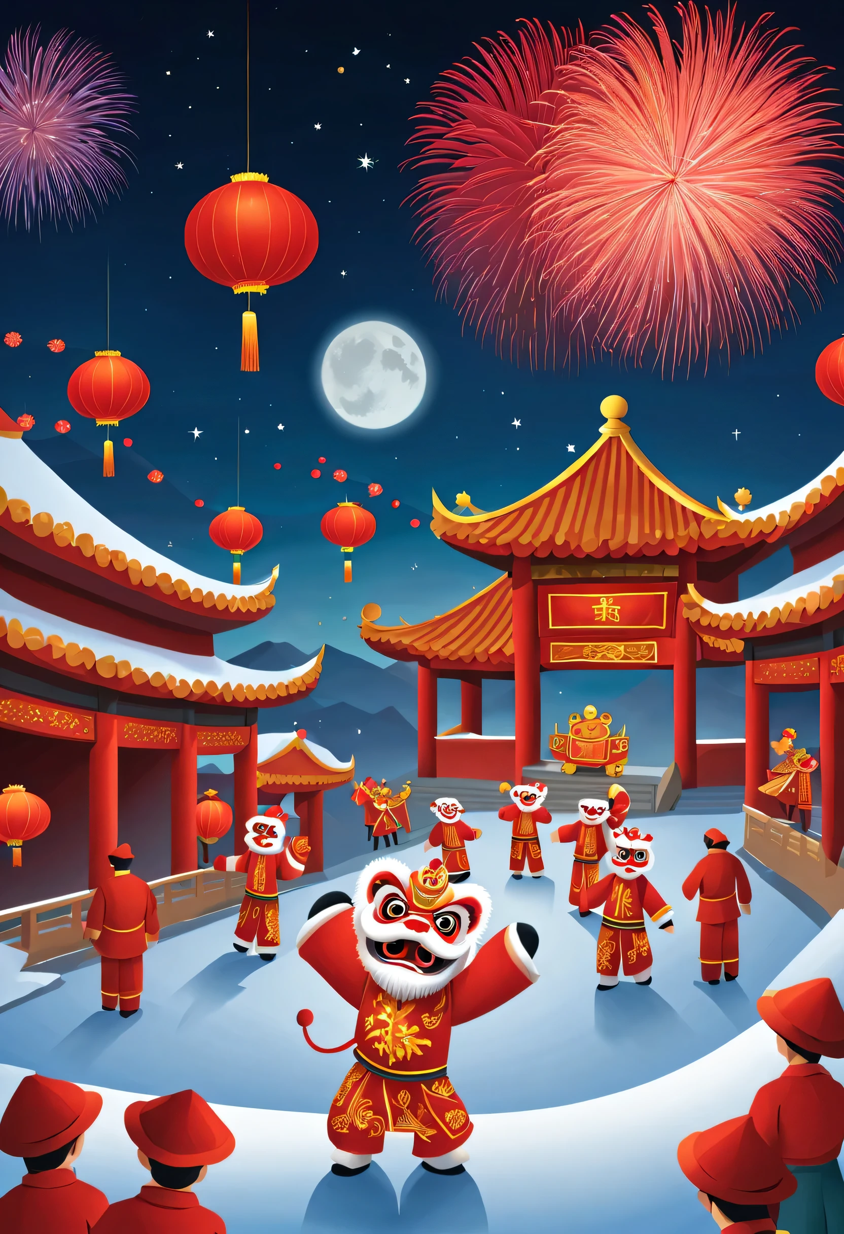Iwona Lifsches Style，Chinese lion dance performance，Fireworks bloom in the night sky，Background with：Rural temple fairs，Lunar New Year Snow Night，Red lanterns，