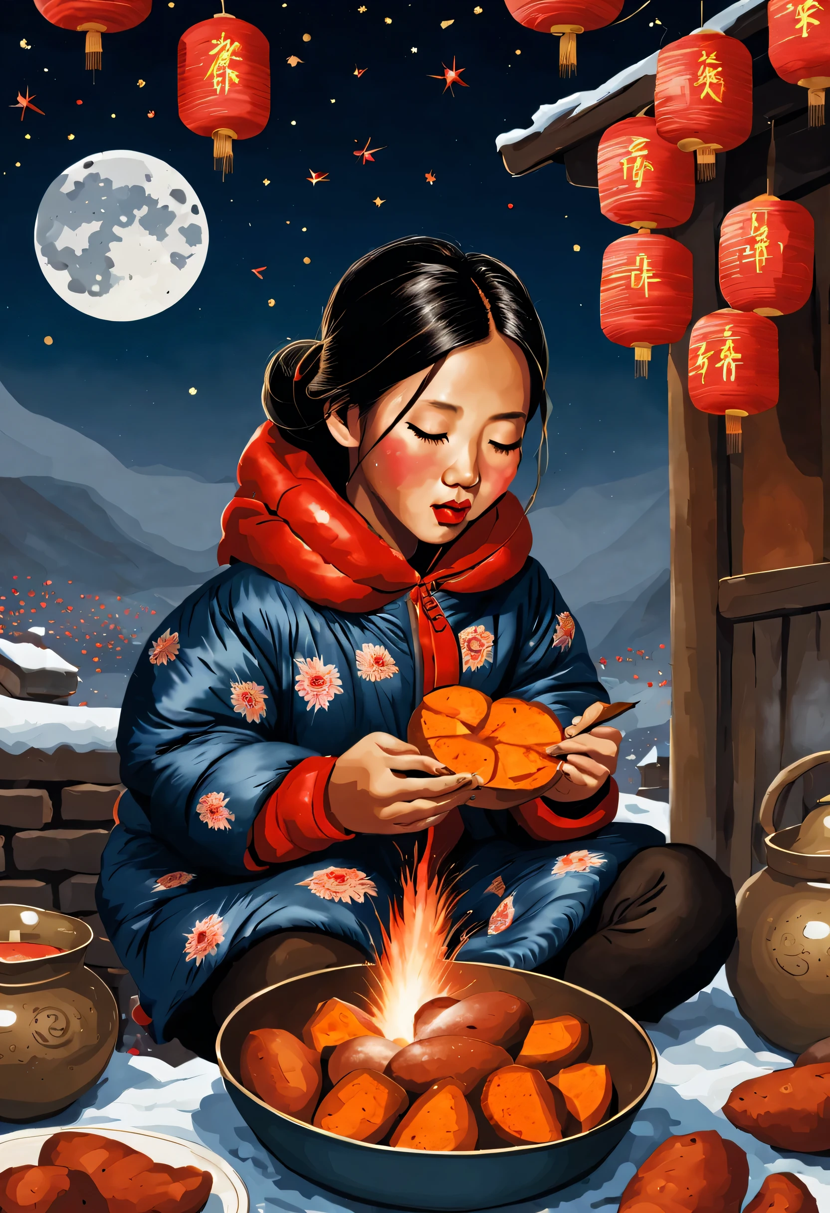 diane dillon style,Beautiful Chinese rural girl wearing a large floral cotton-padded jacket is eating roasted sweet potatoes,Hot gas,Hot roasted sweet potato fireworks explode in the night sky,Background with:indoor country stove,Lunar New Year Snow Night,Red lanterns,