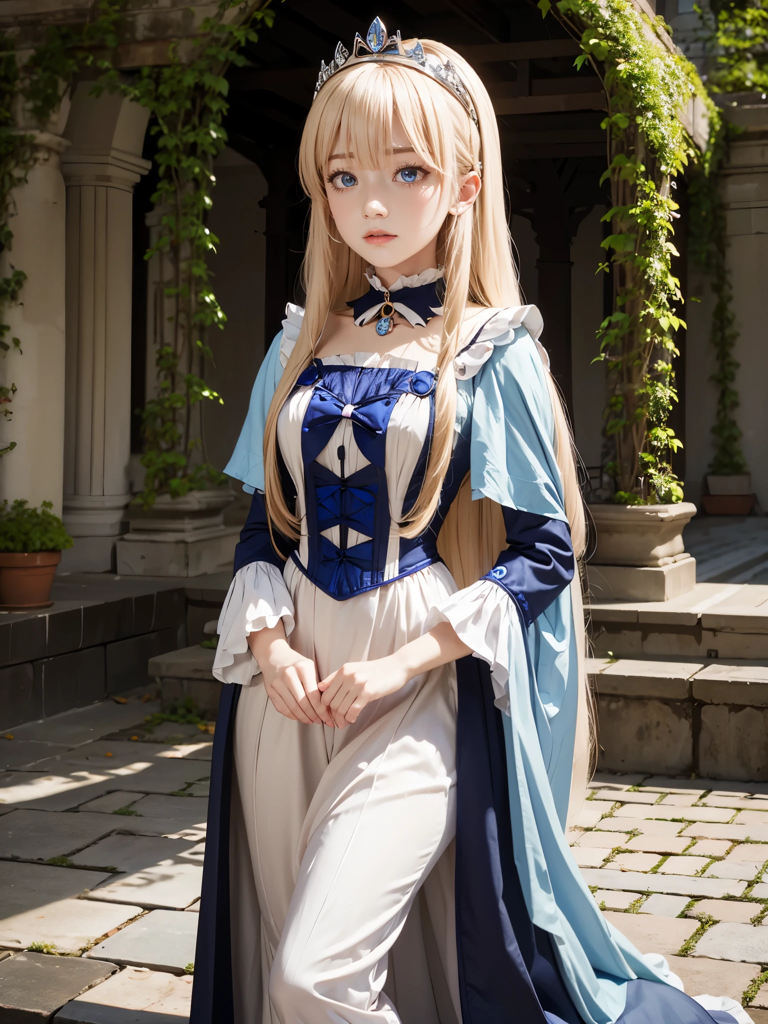 Raw Photography, High Resolution, Realistic, Masterpiece, 16 year old, Mia Luna Tearmoon, Looking at Viewer, Solo, Full Body Shot, Victorian Era, Garden Mansion, Detailed cute and beautiful face, White shiny skin, bangs, Blonde Super Long Straight Silky Hair, finer hair, Blue Eyes, Crown