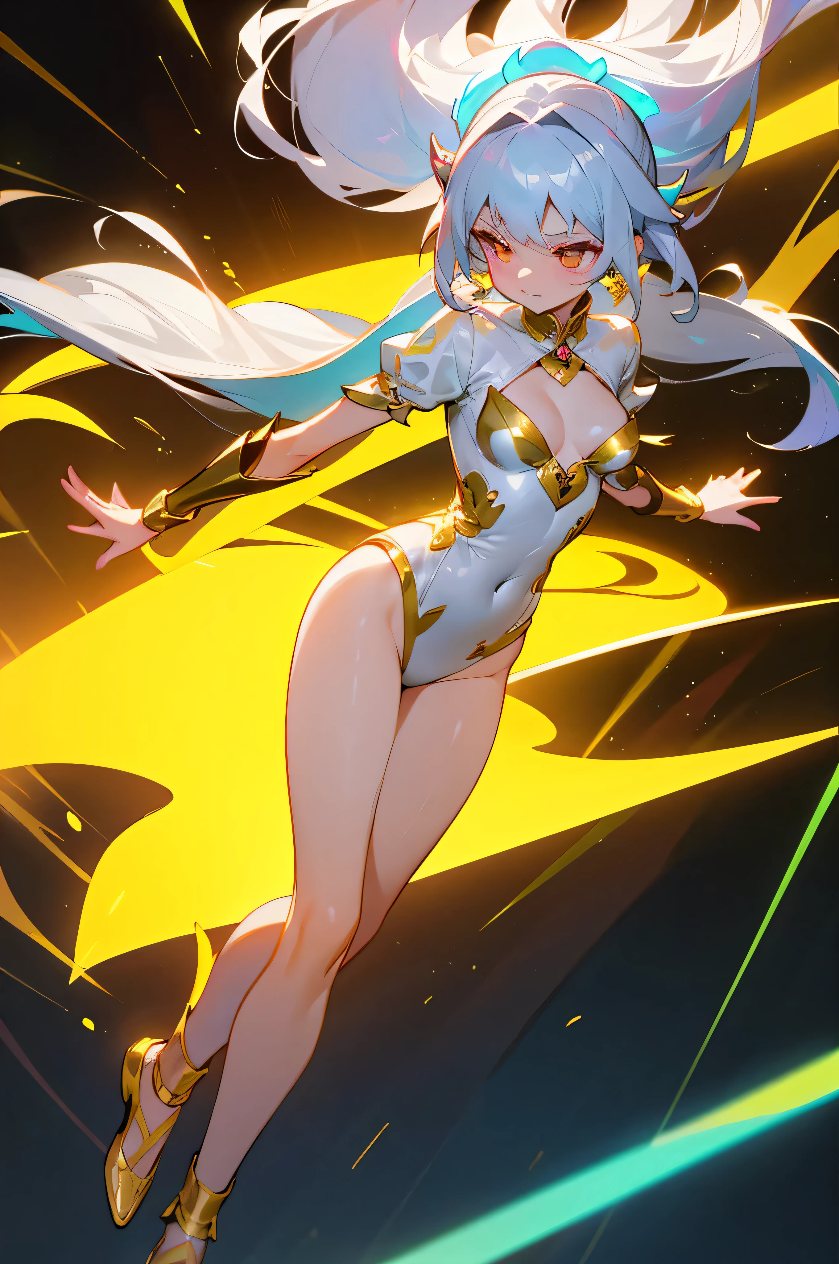 gorgeous silver princess、Female Solo , full body Esbian、The dragon、Feeling of sprinting、long-haired、cleavage of the breast、Small breasts、Golden Shoes、gold neon、look down on, mobster、 neon laser、Neon feeling、