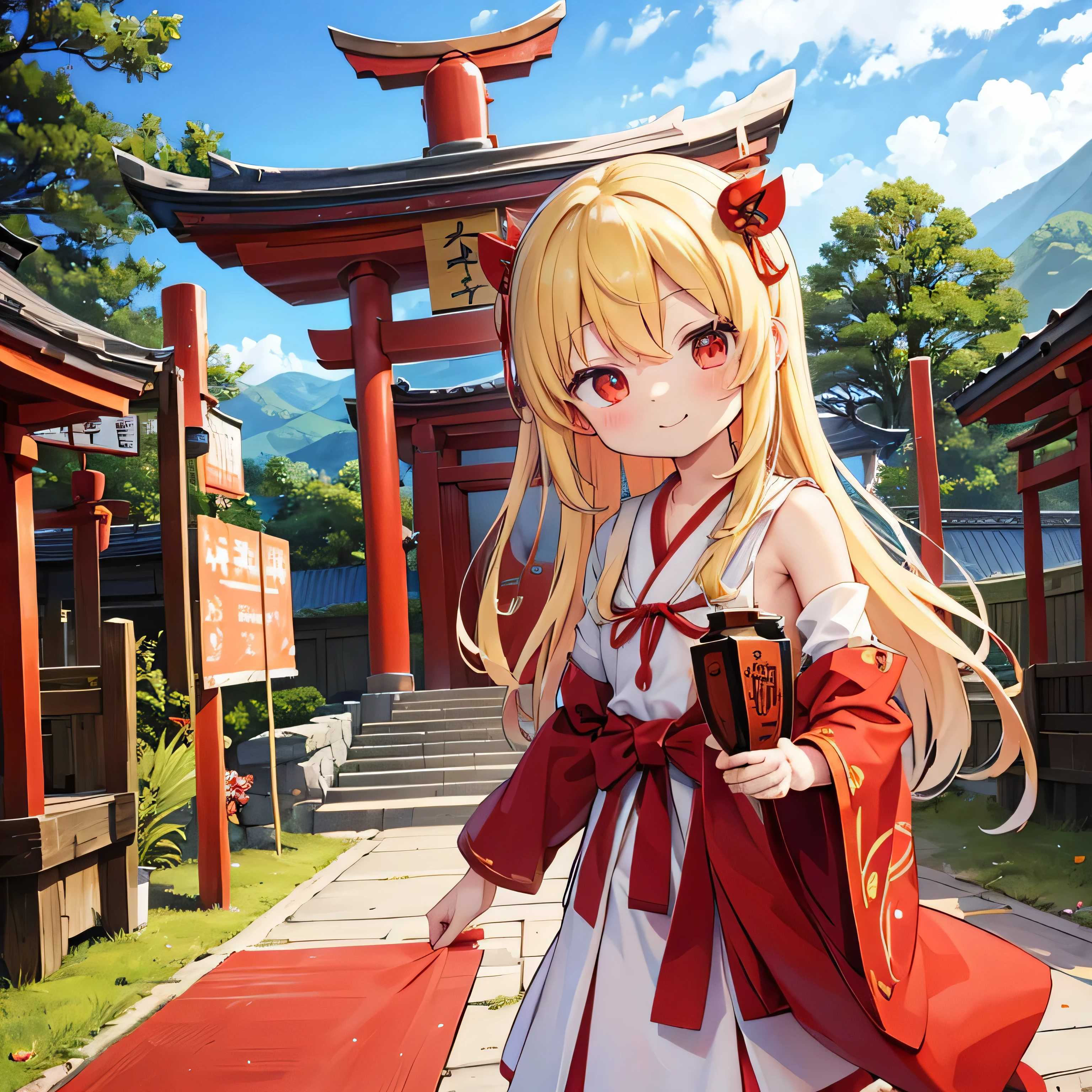 Ichigo Hoshimiya、Red Eyes、a blond、shrine maiden clothe、shrines、A smile