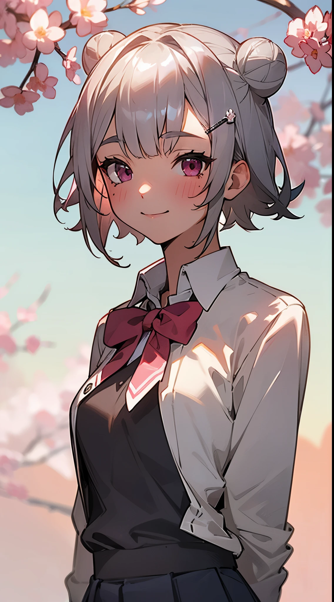 (Best Quality,hight resolution:1.2),Silver-haired schoolgirl、Short hair with silver bob styled in a bun with hair clip, Pink eyes、red blush、A smile、Laugh、arms behind back:1.2、upper body close - up、Sakura Park、appointment