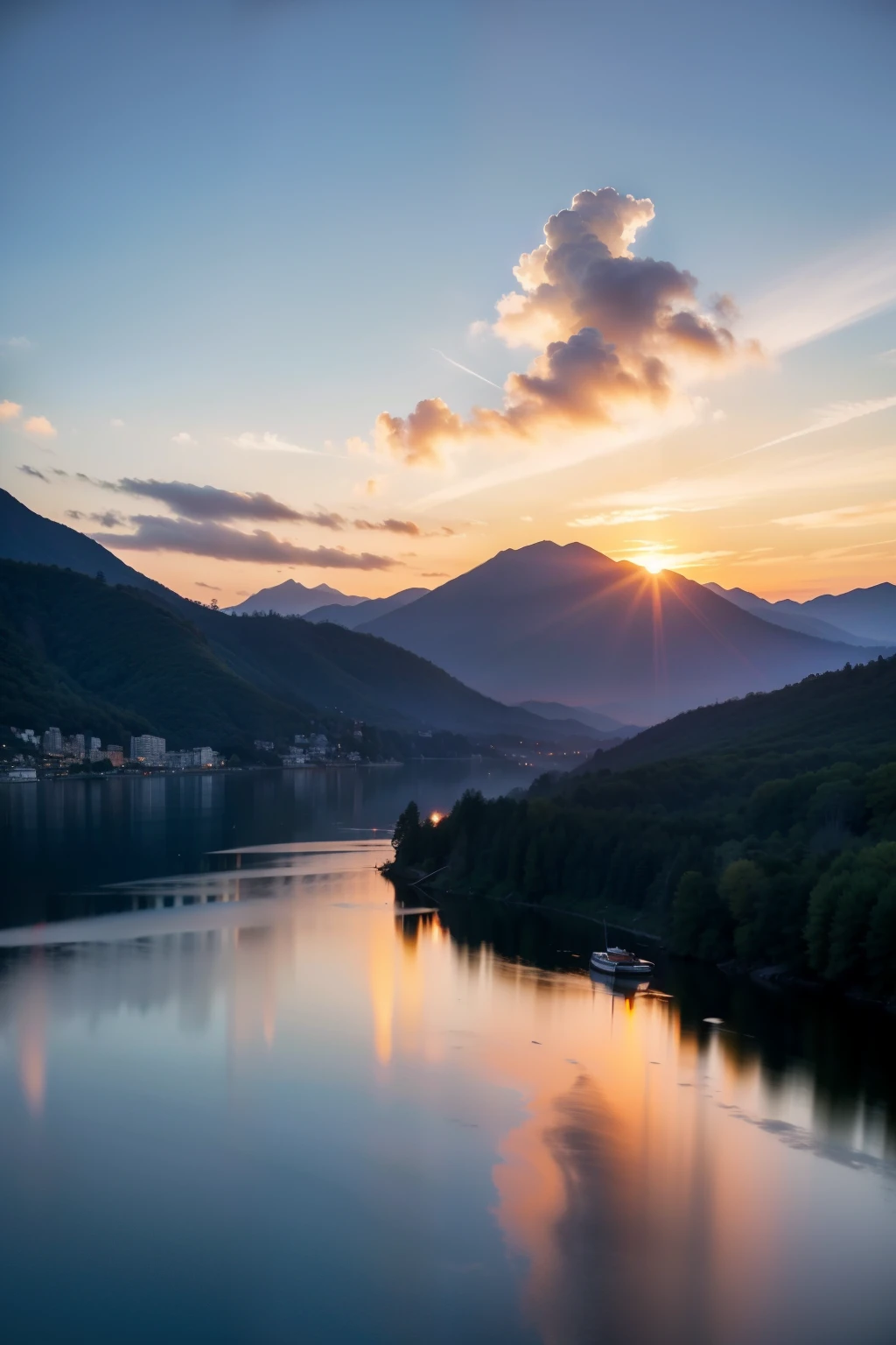 mountains at sunset，The meticulous background rendering of the scenery is a masterpiece，Beneath the ultimate picture quality，The colorful clouds of the sunset are leisurely and contented。