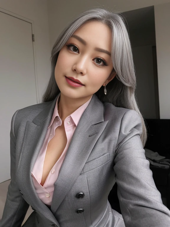 an beautiful,
(((tmasterpiece))), ((Best quality)), ((intricately details)), ((hyper realisitc)), Ridiculous resources, 摩洛解放阵线, Mature woman, (),Perspectives, The content is very detailed, lamplight, Perfect hands, detailed finger, 美丽细致lewd eyes, Long gray hair, 棕色lewd eyes, CEO, (Professional Dress:1.2), Blazer in similar color scheme,Paired with thin lapel dress,Black leather pantyhose,Pink collar, ear nipple ring, livestock, detailedbackground, Bedrooms, 完美lewd eyes, lewd eyes, looking at viewert, seen from the side