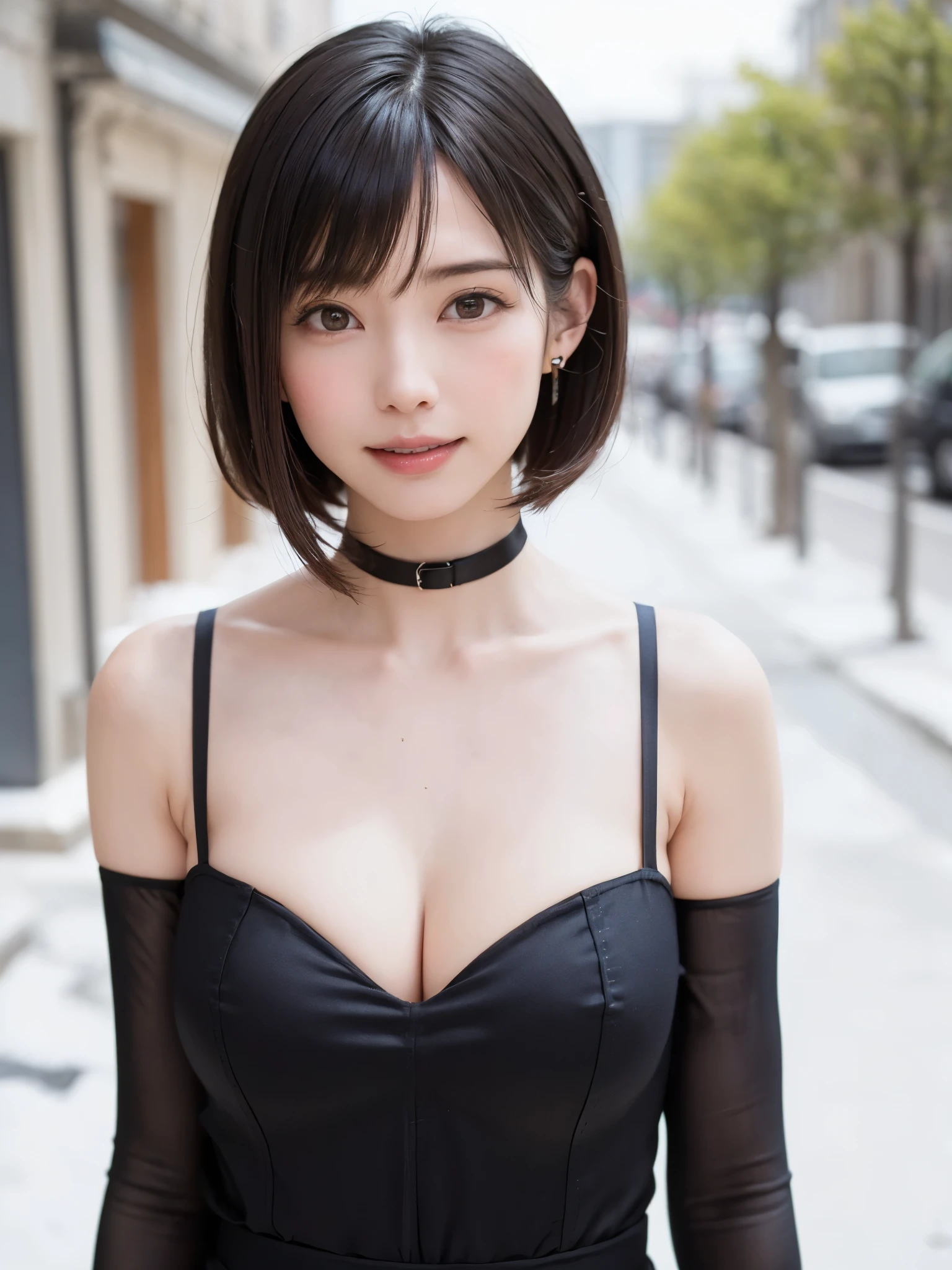 (masterpiece, top-quality),1girl in, 独奏, hyper realisitic, Photorealistic,realisitic, looking at the viewers, brown eyes of light color:1.4,Brunette short bob hair with highly detailed shiny hair, Winter clothes in bright colors, lepangas:1.4), plein air, a closed mouth, The upper part of the body、big eye、Lashes、{Gigantic|Big|Huge|Mega} breasts:1.4, cleavage:1.4、(((big eye、Short bob hair、Intense highlights of the pupils、gazing at viewer、She is a very beautiful and cute beauty、Put your ears out、long neck、smil、Close your mouth and smil、bangs beautiful teeth)))、Ideal ratio body proportions、(Snow-covered tree-lined streets in Norway in winter)、美しいlong neck:1.4%
