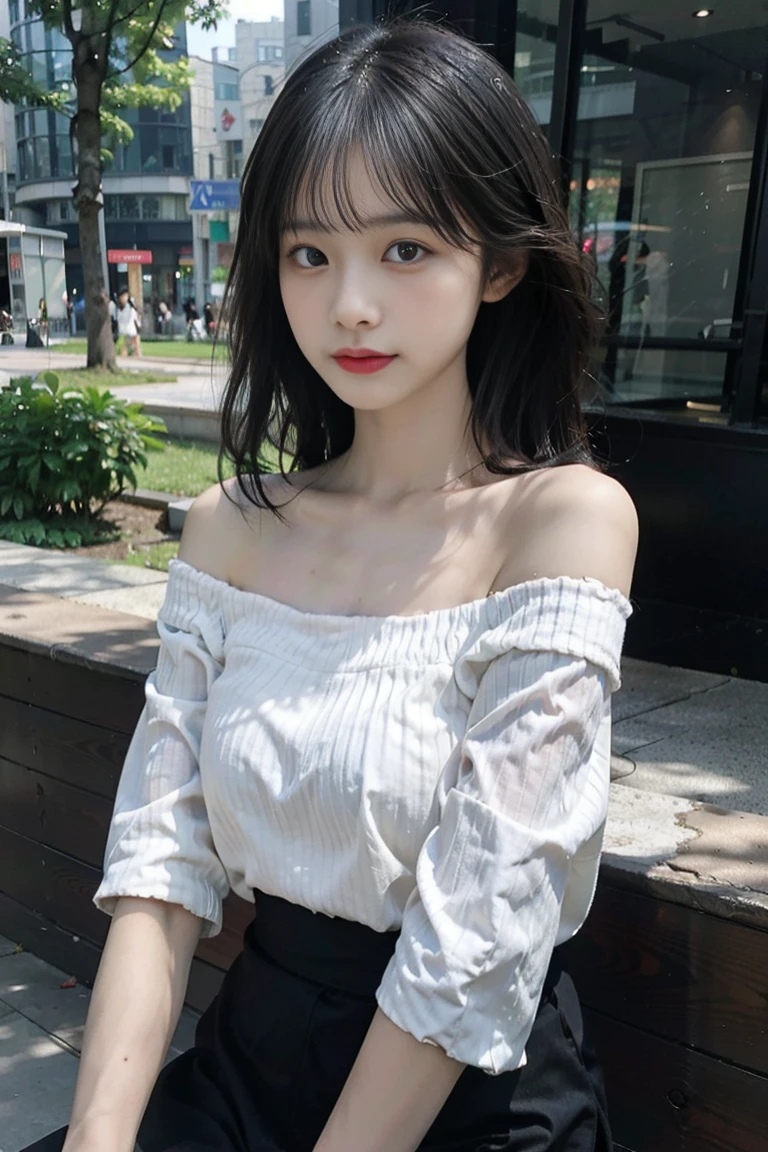 yuyao,suyu,Best quality at best,超高分辨率,(actual:1.4),1 girl,Off-shoulder white shirt,Black tight skirt,black hair gray:1),sexy for,(Bigchest:1.2),looking at viewert,close up,